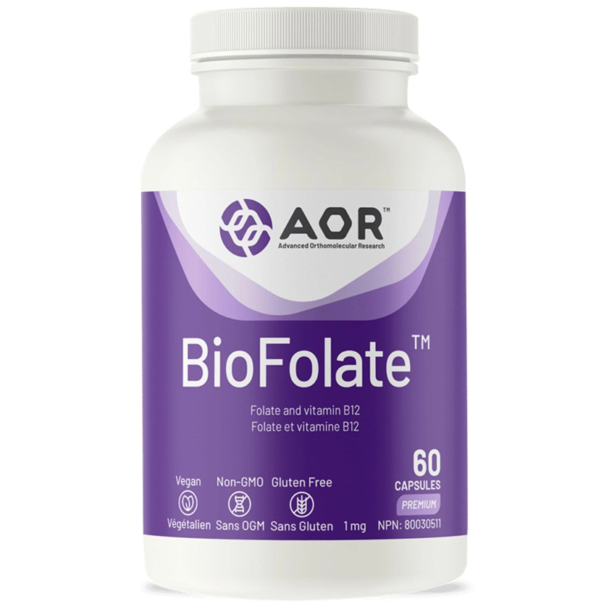 AOR BioFolate 1mg, Bioactive Folate, 5-Methyltetrahydrofolate, L-5-MTHF, 30-60 Vegetable Capsules - Image 2