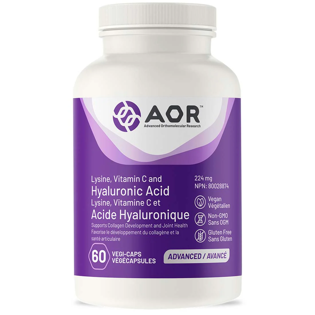 AOR Lysine 75mg, Vitamin C 50mg and Hyaluronic Acid 98.5mg, 60-120 Vegetable Capsules