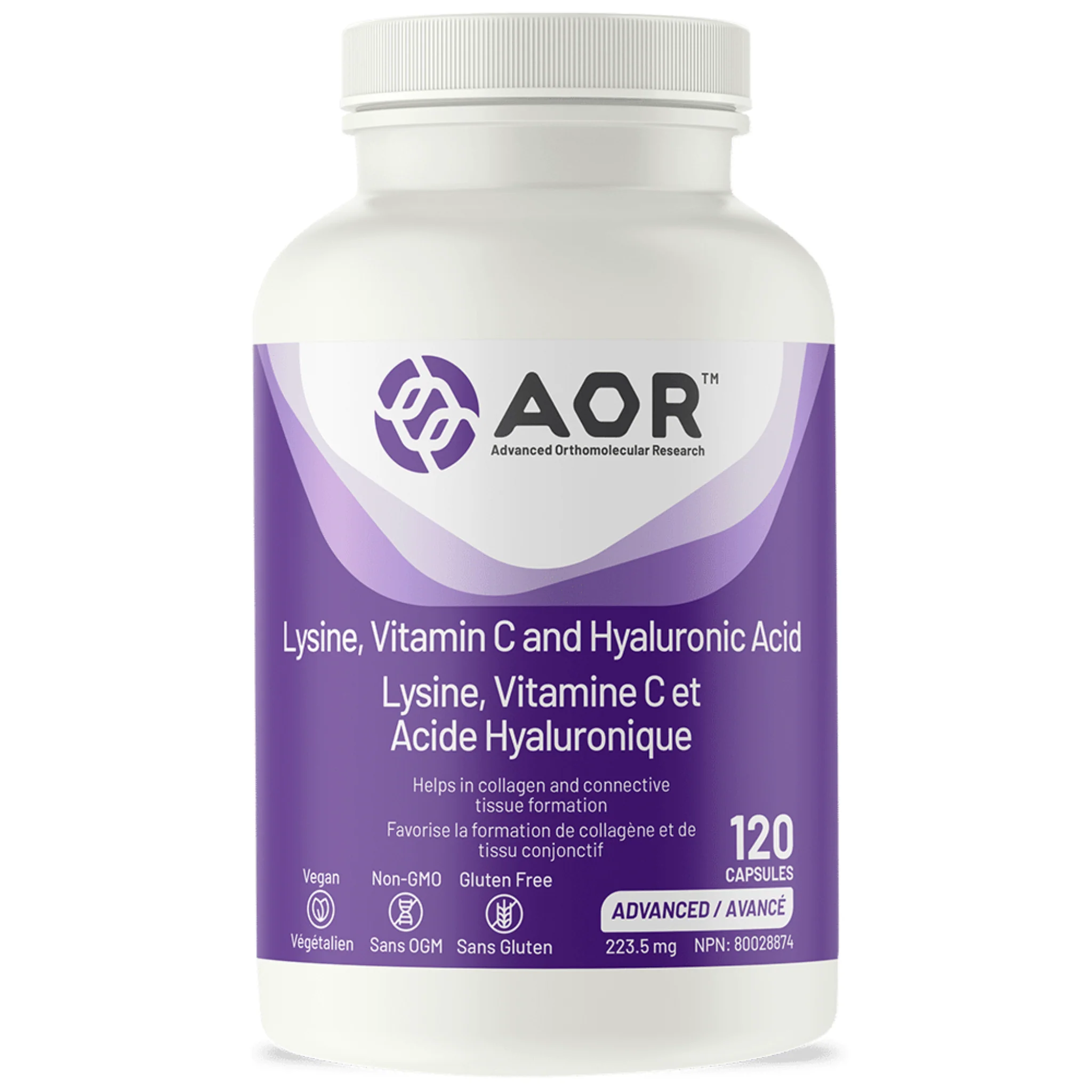 AOR Lysine 75mg, Vitamin C 50mg and Hyaluronic Acid 98.5mg, 60-120 Vegetable Capsules - Image 2