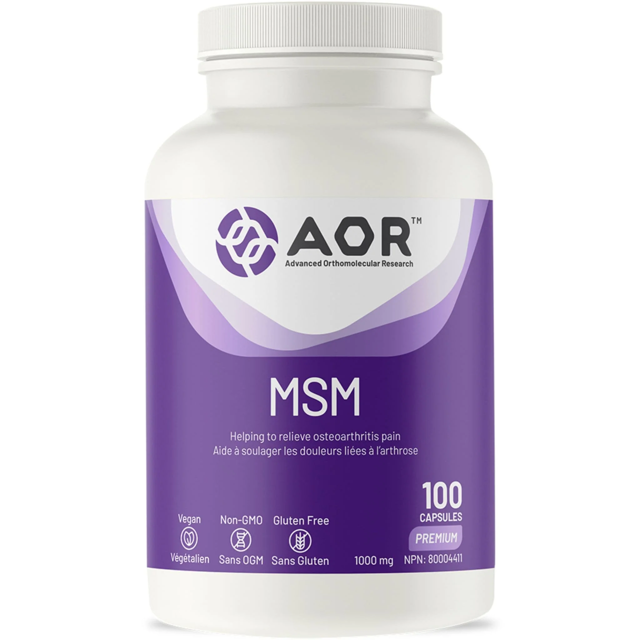 AOR MSM 1000mg (Non-GMO and Gluten-Free), 100-200 Vegetable Capsules
