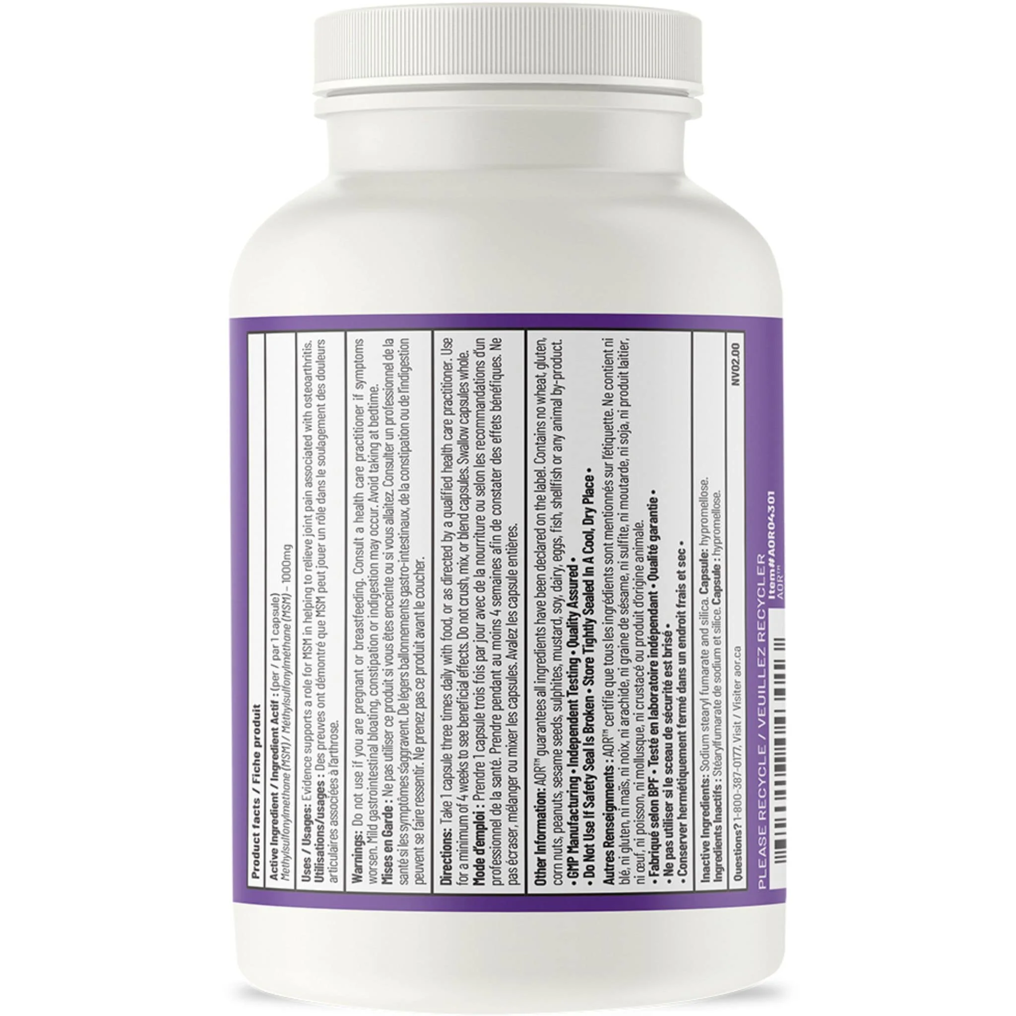AOR MSM 1000mg (Non-GMO and Gluten-Free), 100-200 Vegetable Capsules - Image 2