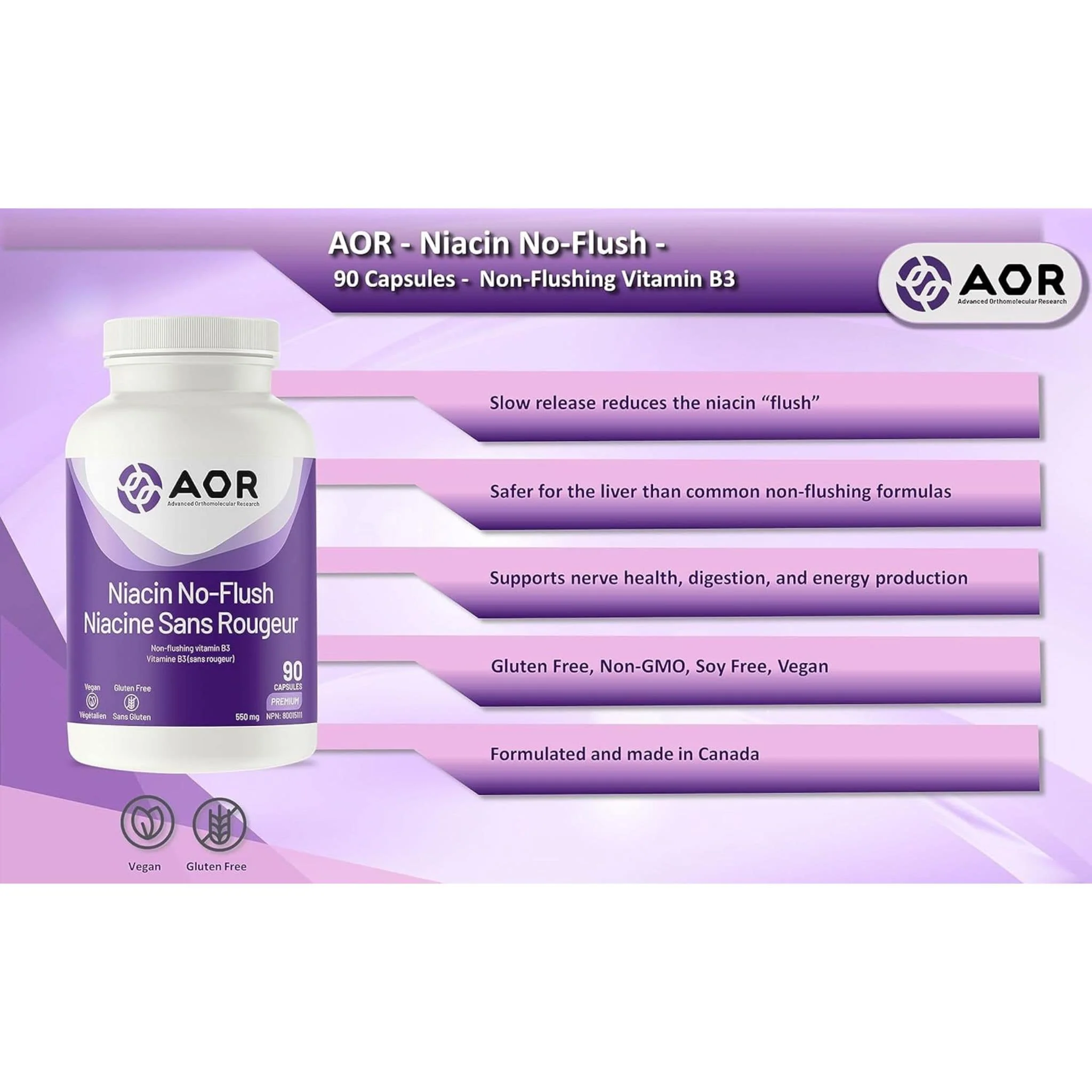 AOR Niacin No-Flush, 550mg, 90 Vegi-Capsules - Image 3