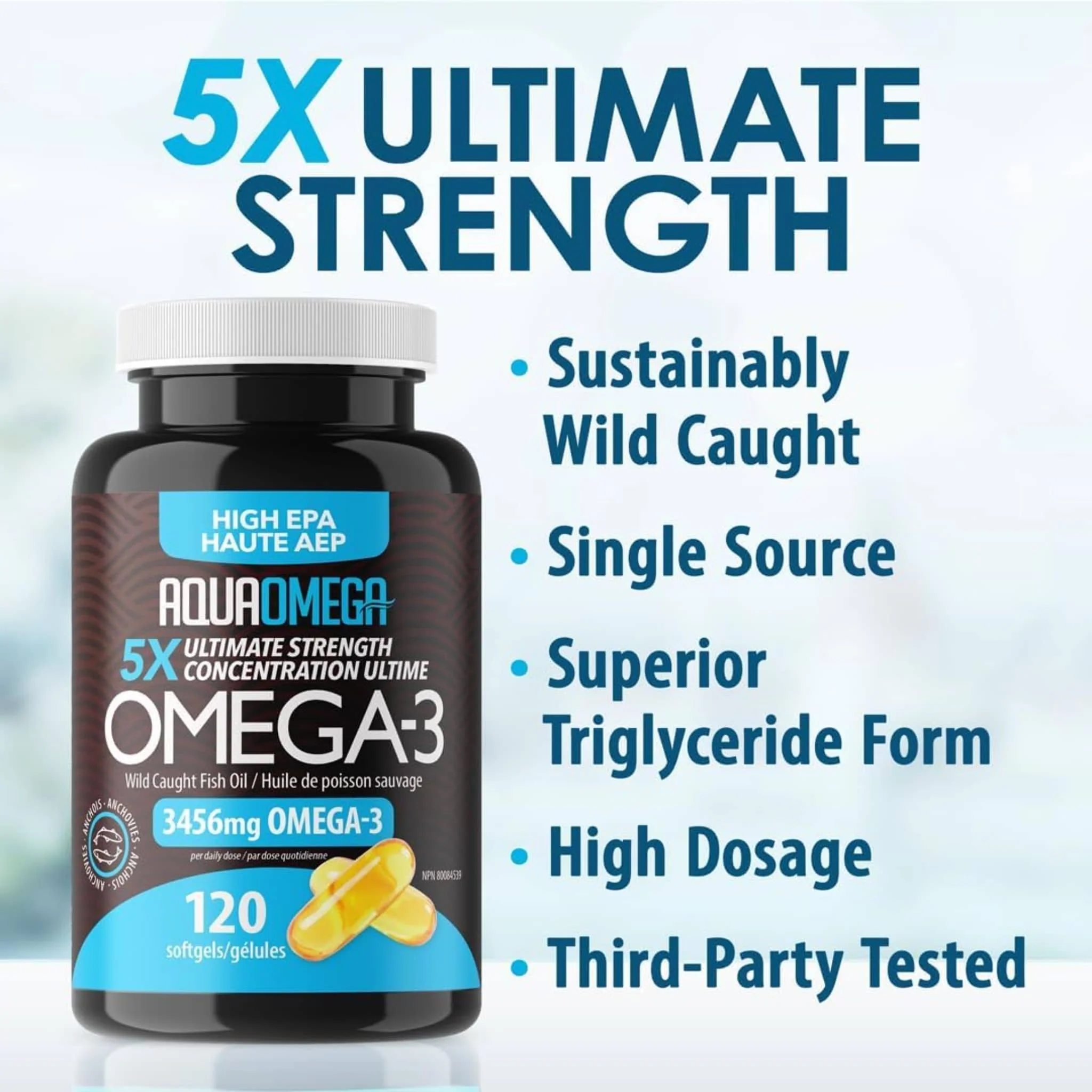 AquaOmega High EPA Omega 3 Fish Oil, 5X Extra Strength Fish Oil Softgels - Image 3