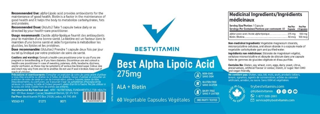 Bestvitamin Best Alpha Lipoic Acid 275mg, ALA Plus Biotin, 60 Vegetable Capsules, Clearance 50% Off, Final Sale - Image 4