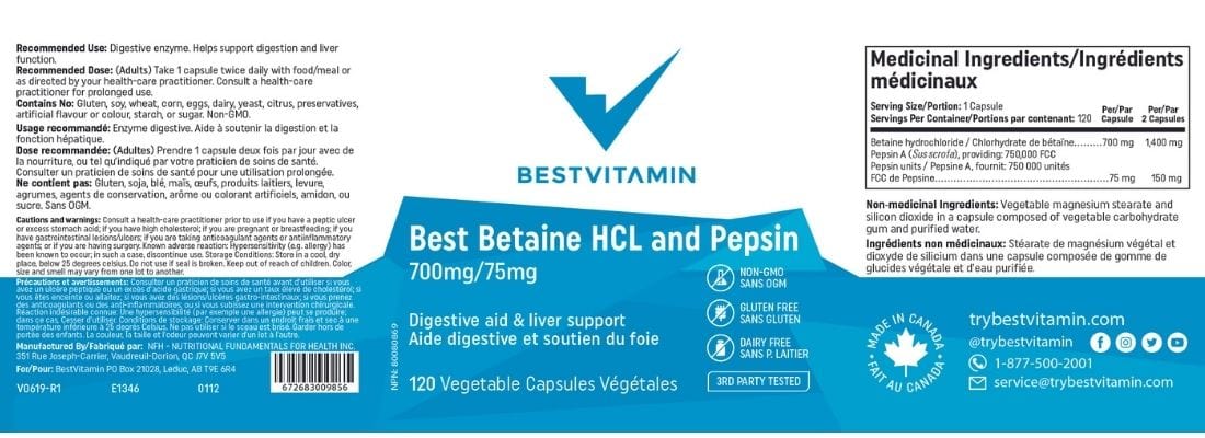 BestVitamin Best Betaine HCL and Pepsin Extra Strength 700mg / 75mg, Digestive Aid & Liver Support, 120 Vegetable Capsules - Image 4