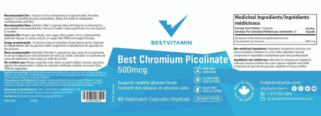 BestVitamin Best Chromium Picolinate 500mcg, Helps manage blood sugar, Non-GMO, 60 Vegetable Capsules - Image 4