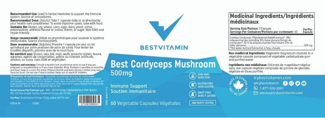 BestVitamin Best Cordyceps Mushroom 500mg, Anti- microbial immune support, Non-GMO, 60 Vegetable Capsules, Clearance 50% Off, Final Sale - Image 4