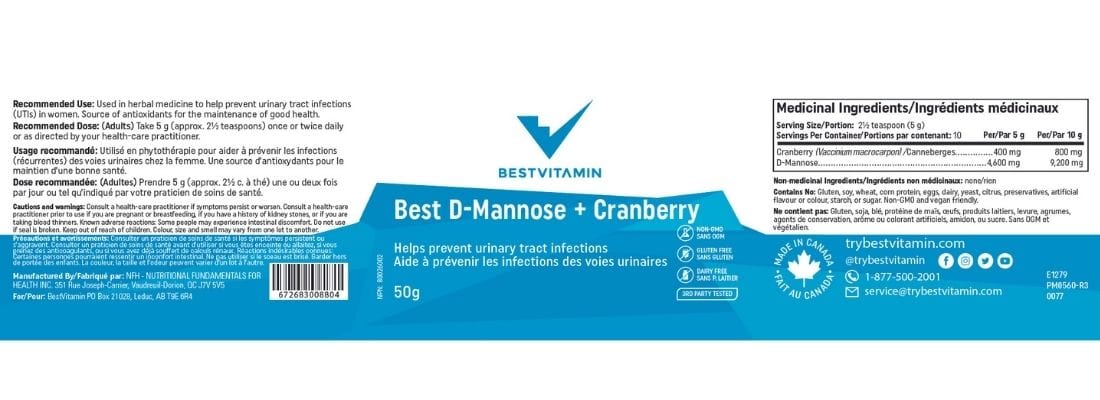 Bestvitamin Best D-Mannose and Cranberry, UTI treatment and prevention, 50g - Image 4