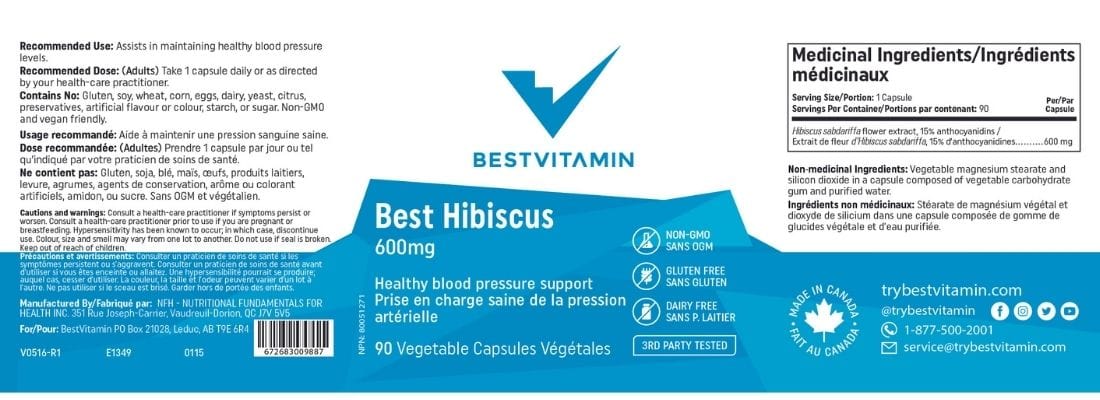 BestVitamin Best Hibiscus 600mg, Supports healthy blood pressure levels, 90 Vegetable Capsules - Image 3
