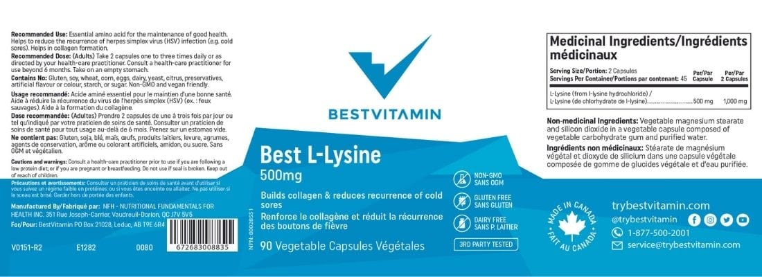 BestVitamin Best L-Lysine, 500mg, Builds Collagen & Reduces Cold Sores, 90 Vegetable Capsules, Clearance 50% Off, Final Sale - Image 4