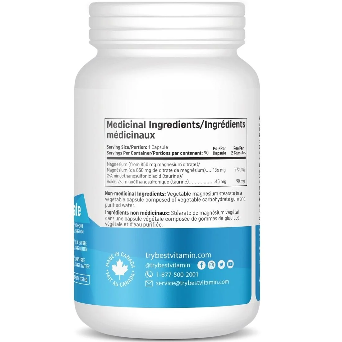 Bestvitamin Best Magnesium Citrate 136mg Plus Taurine 45mg, Gluten-Free, Non-GMO, 90 Vegetable Capsules - Image 3
