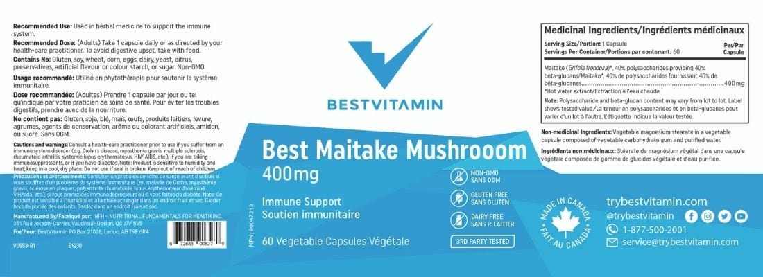 BestVitamin Best Maitake Mushroom 400mg, Blood sugar level & immune support, 60 Vegetable Capsules, Clearance 50% Off, Final Sale - Image 4