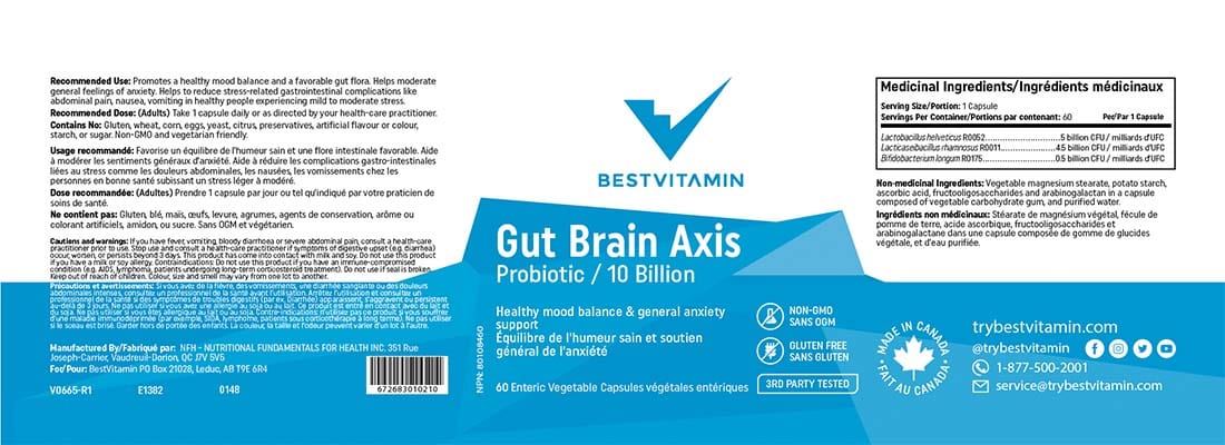 BestVitamin Gut Brain Axis, Probiotic for Mood, Stress & Anxiety, 10 Billion, 60 Enteric Vegetable Capsules, 50% Off, Final Sale - Image 2