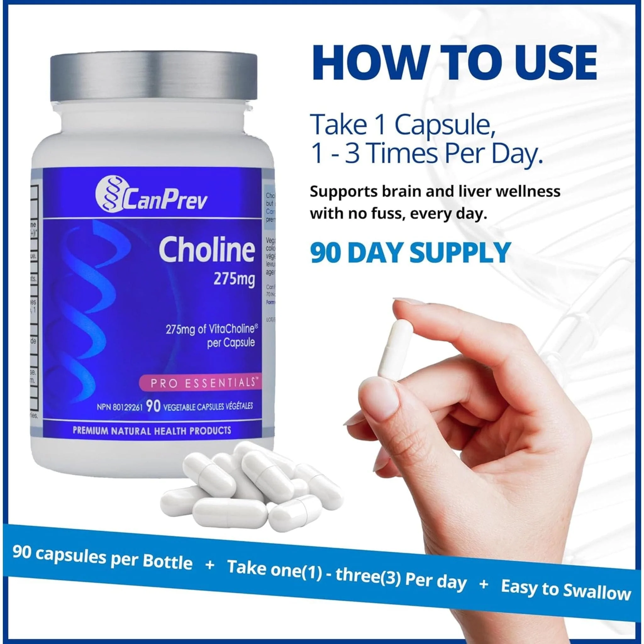 CanPrev Choline 275mg, Helps to Support Liver Function, Brain and Cardiovascular Health, 90 Vegetable Capsules - Image 6