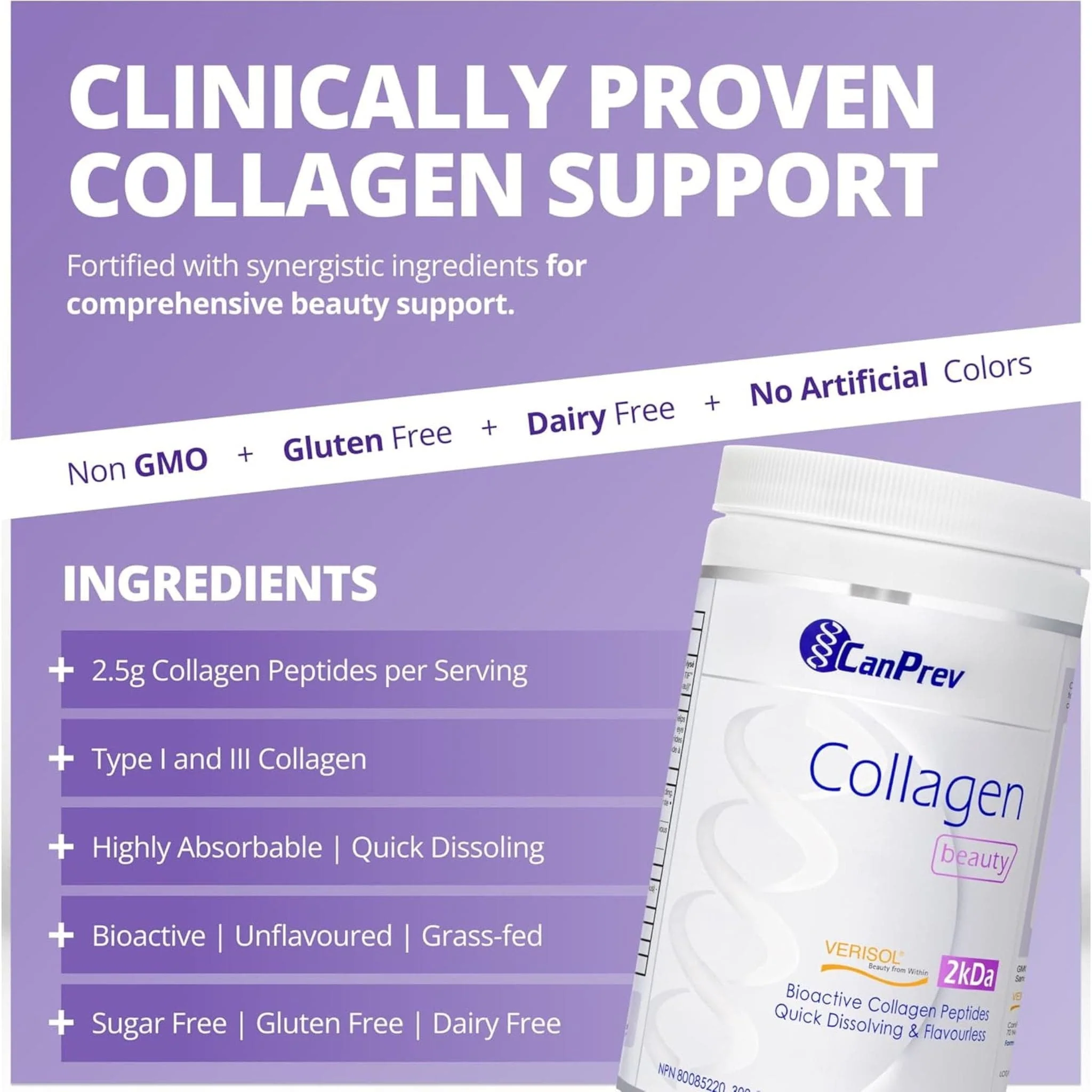 CanPrev Collagen Beauty Powder, Verisol Bioactive Collagen Peptides, Reduces wrinkles in 28 Days, 300g - Image 5