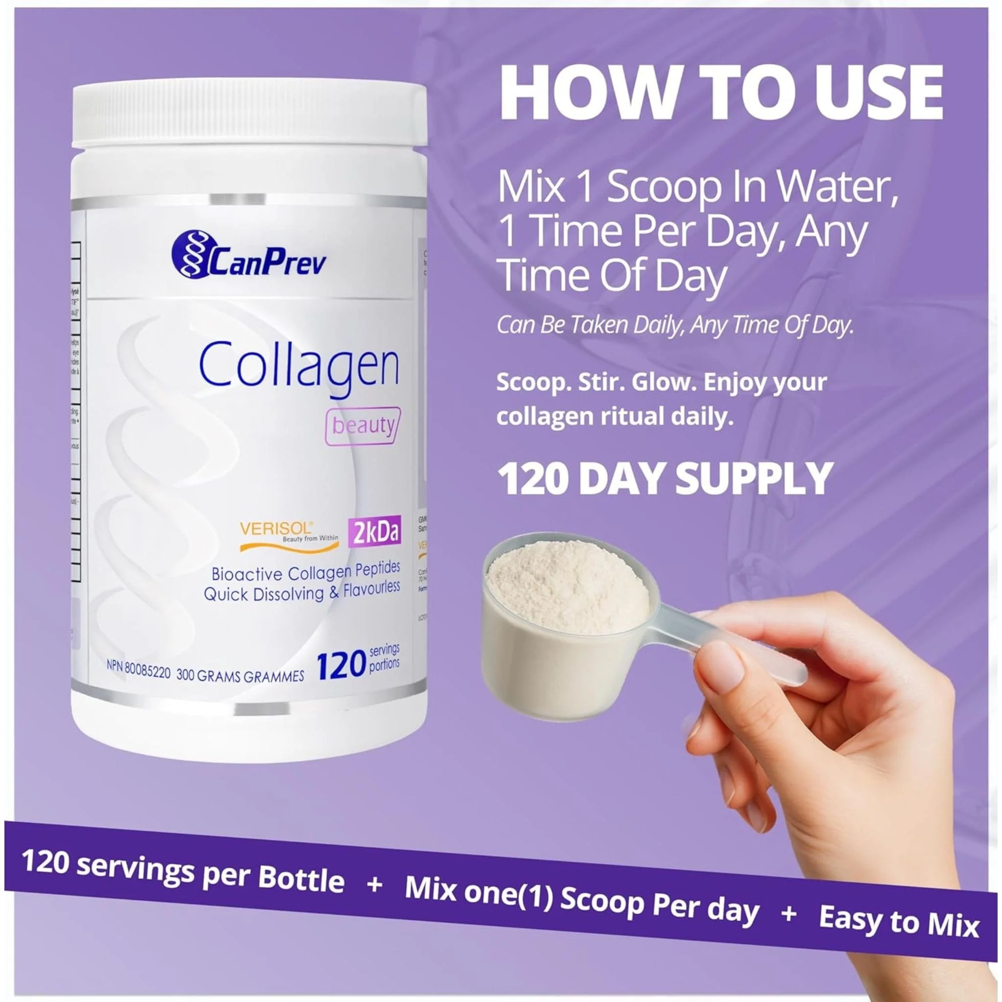 CanPrev Collagen Beauty Powder, Verisol Bioactive Collagen Peptides, Reduces wrinkles in 28 Days, 300g - Image 7