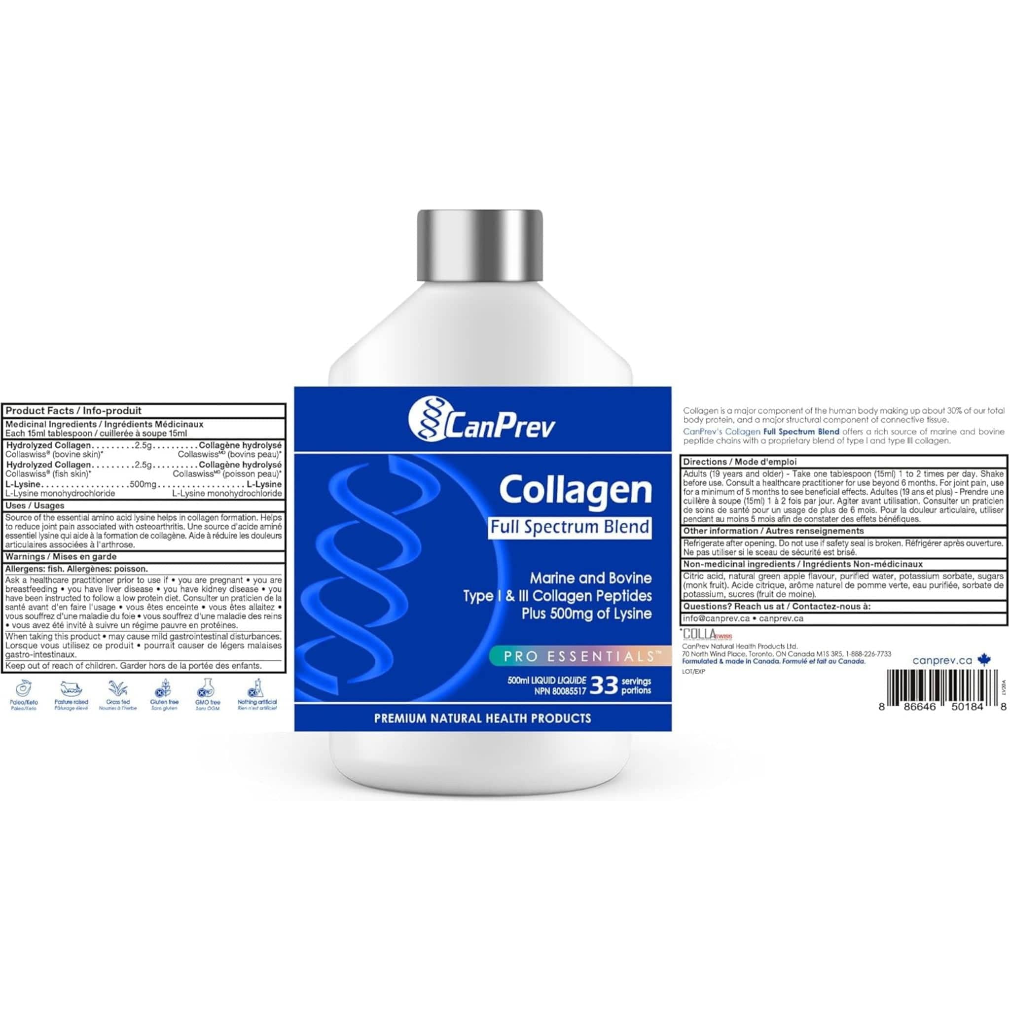 CanPrev Collagen Full Spectrum Liquid Collagen, Bovine and Marine Collagen Type I and Type III, 500ml - Image 3