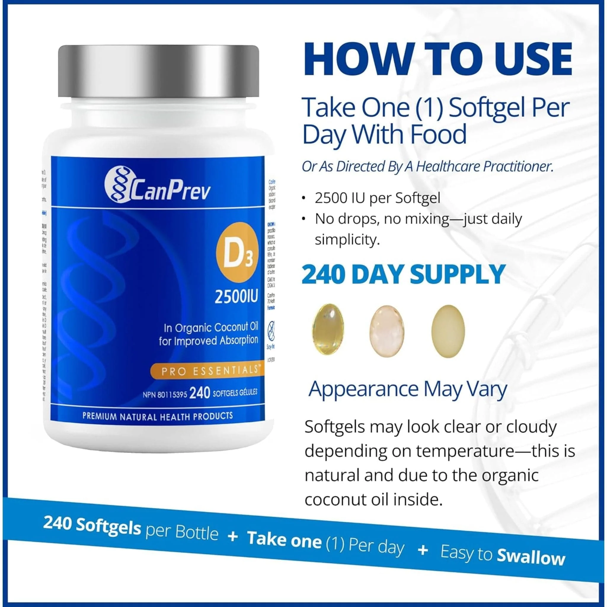 CanPrev Vitamin D3 2500IU Softgels in a MCT Oil Base - Image 16