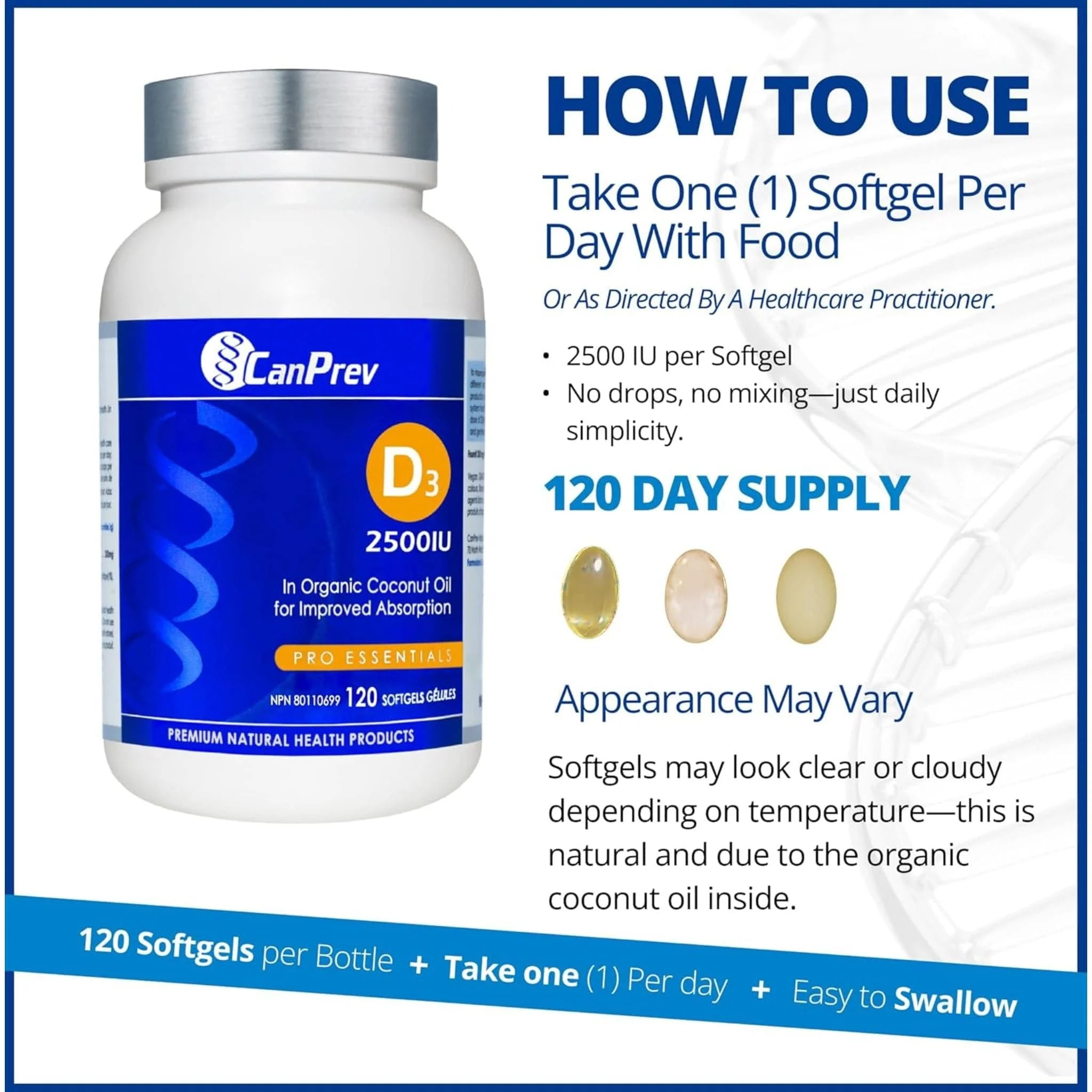 CanPrev Vitamin D3 2500IU Softgels in a MCT Oil Base - Image 7