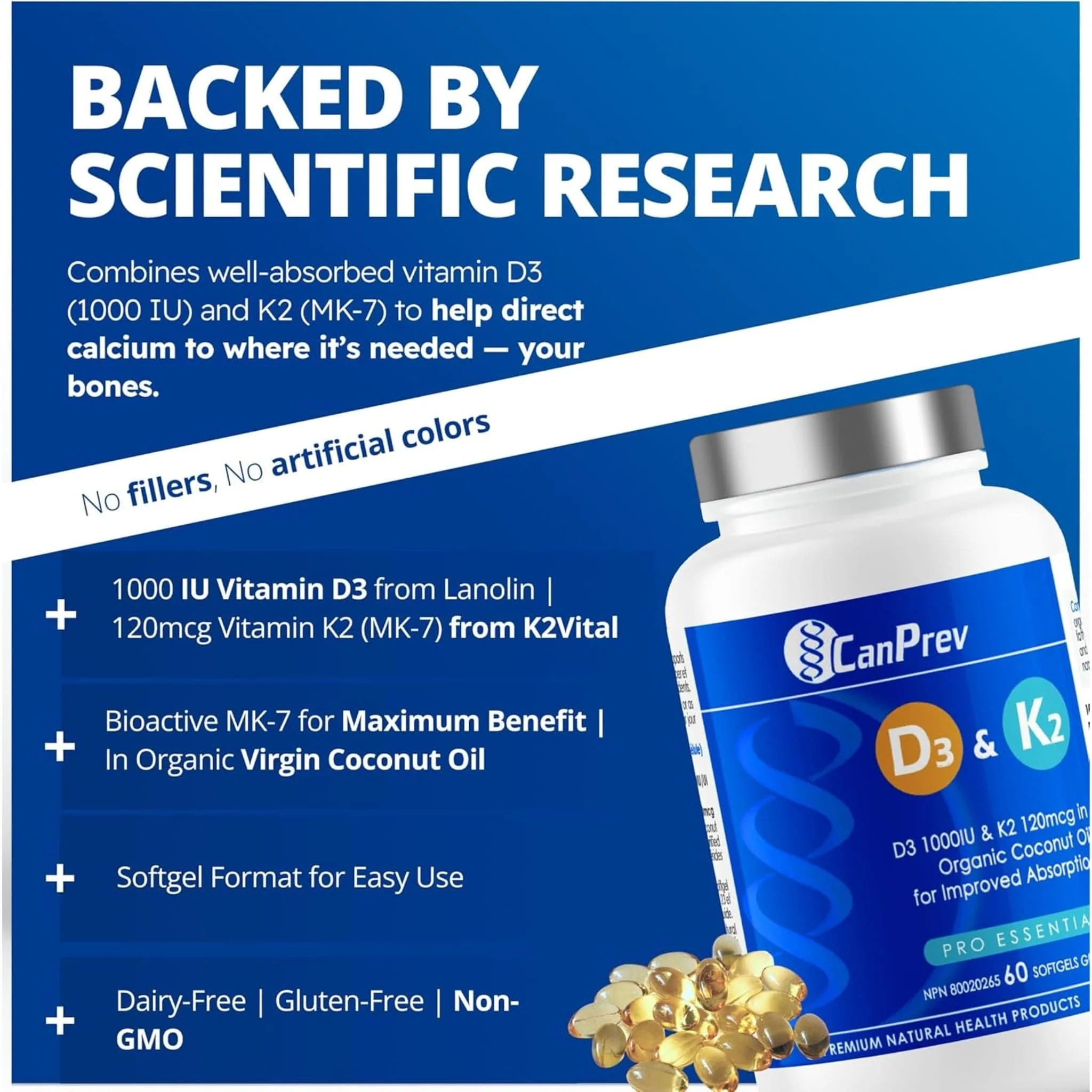 CanPrev D3 + K2 Softgels in Organic Coconut Oil - Image 5