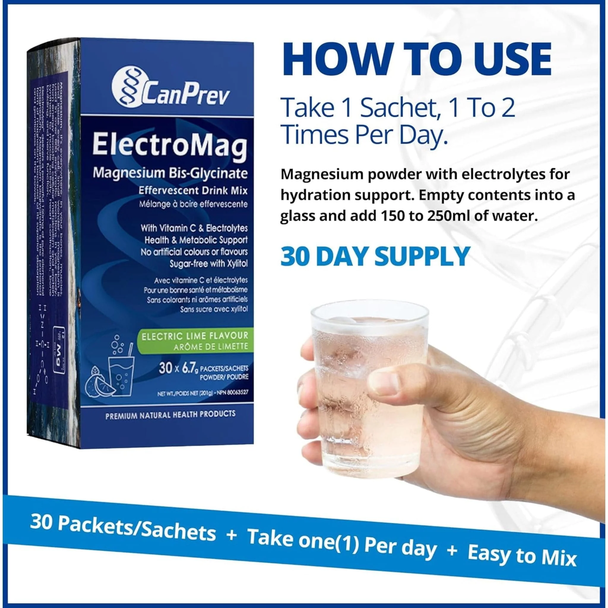 CanPrev ElectroMag Magnesium Bis-Glycinate Effervescent Drink Mix, 30 Packets - Image 6