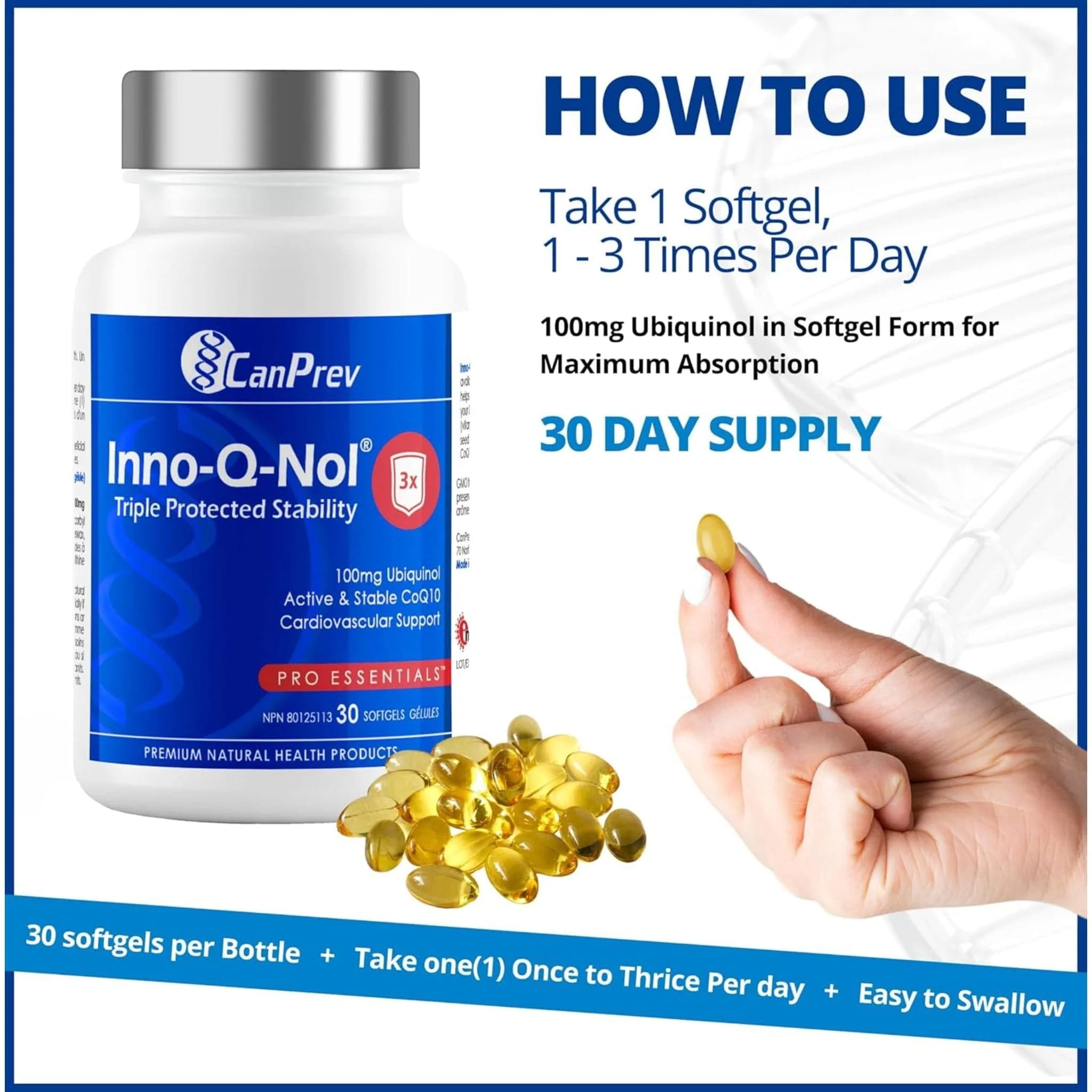 CanPrev Inno-Q-Nol CoQ10 Ubiquinol 100mg Softgels with Premium Kaneka Ubiquinol - Image 3