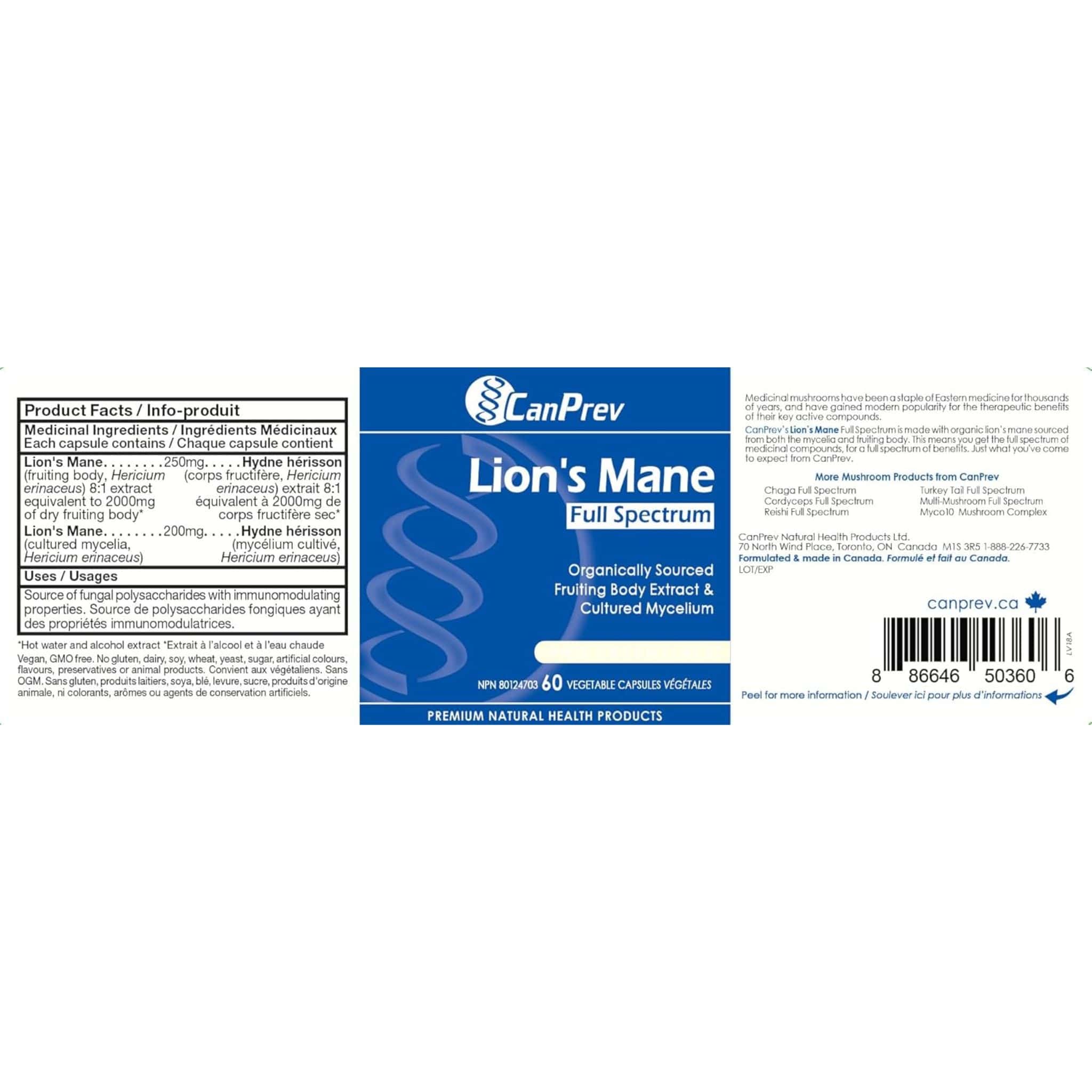 CanPrev Lion's Mane Full Spectrum, Organic Fruiting Body and Mycelium, Supports Brain and Cognitive Health, 60 Vegetable Capsules - Image 3