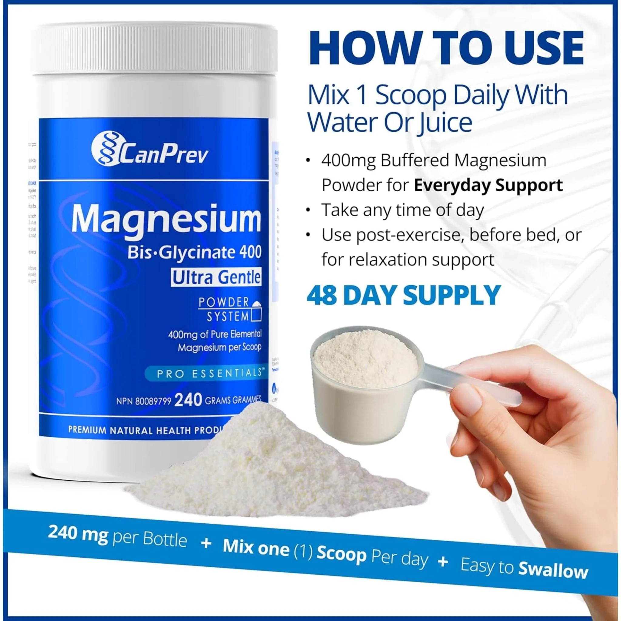 CanPrev Magnesium Bis-Glycinate 400mg Ultra Gentle Powder, 240g - Image 7