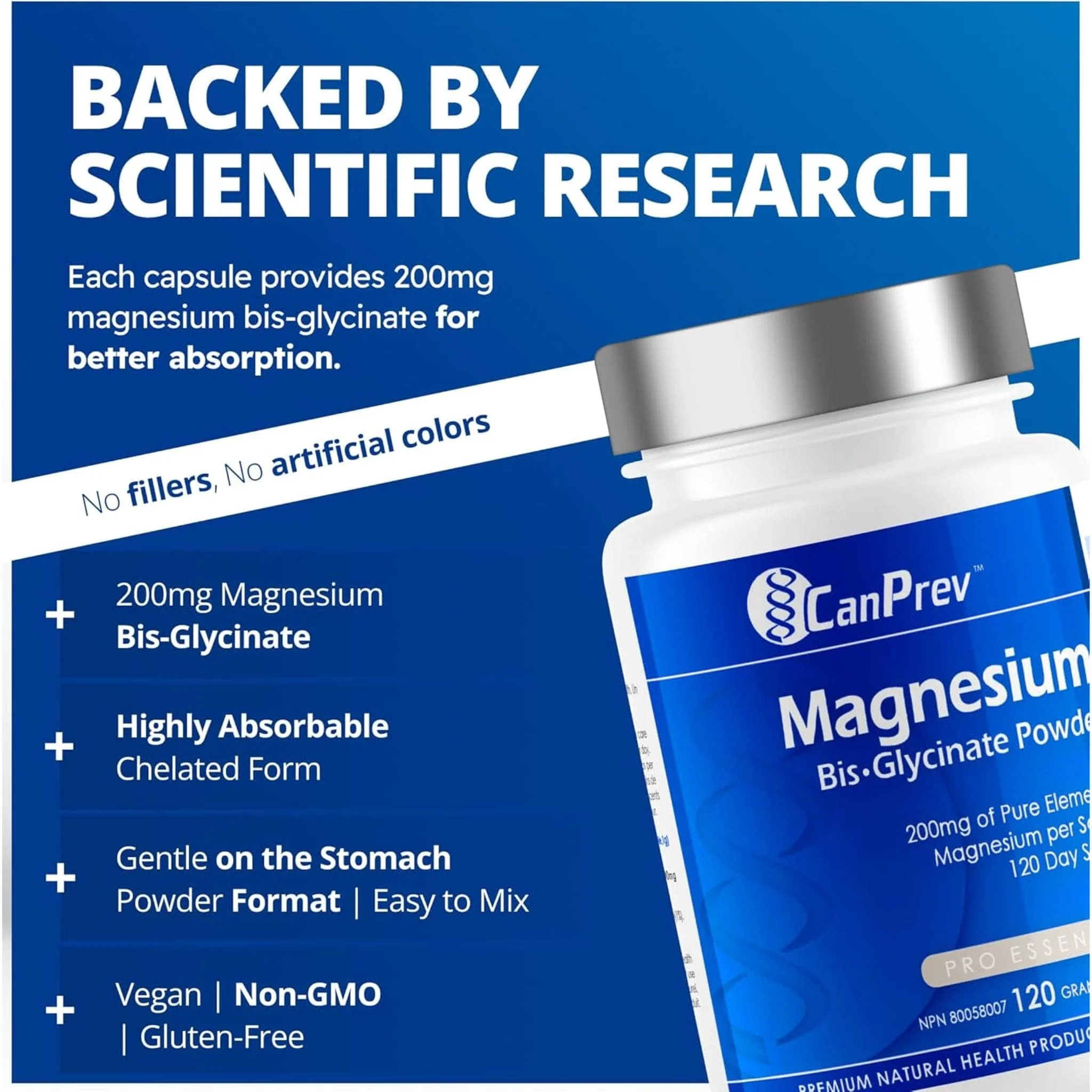 CanPrev Magnesium Bis-Glycinate Powder (200mg per scoop), 120g - Image 5