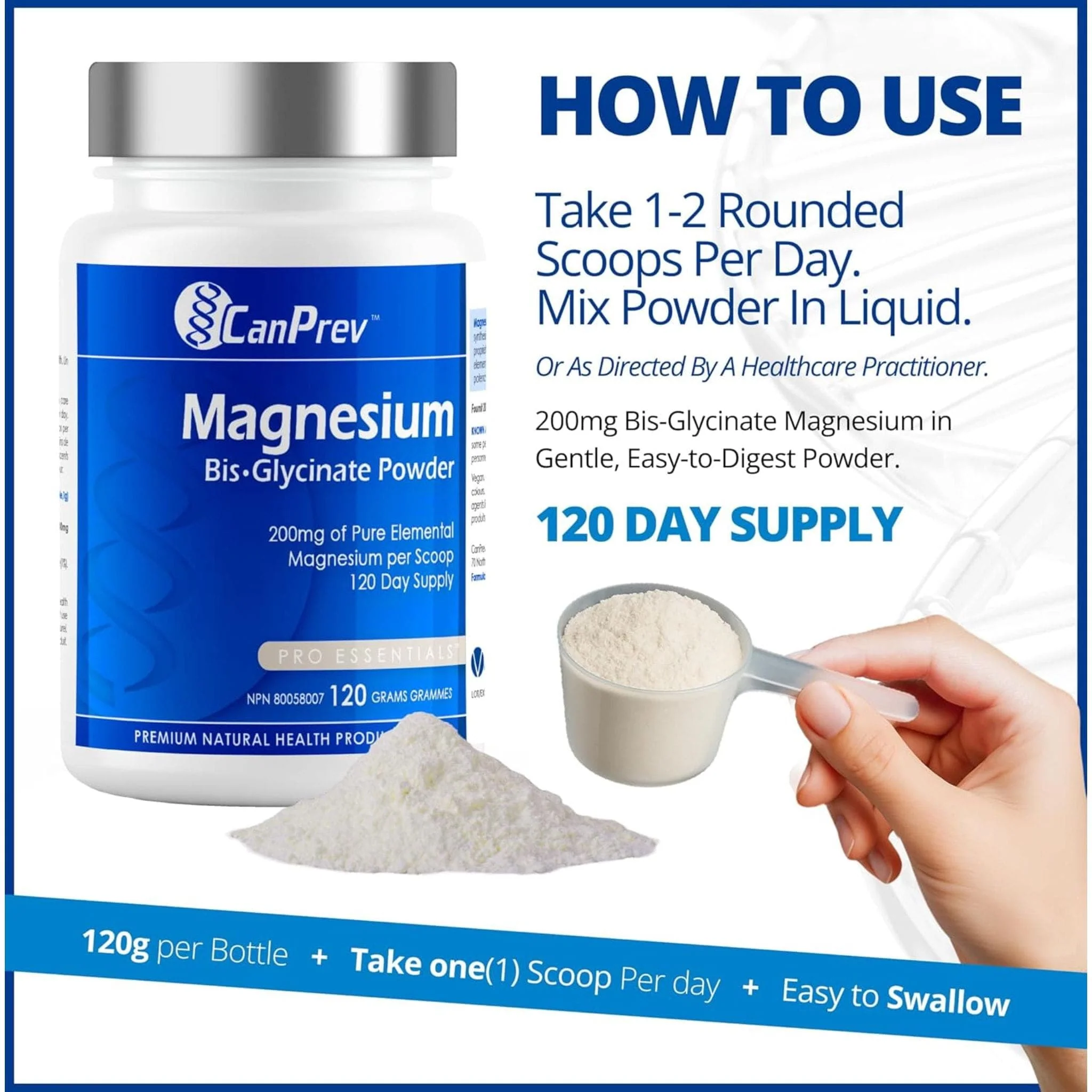CanPrev Magnesium Bis-Glycinate Powder (200mg per scoop), 120g - Image 7