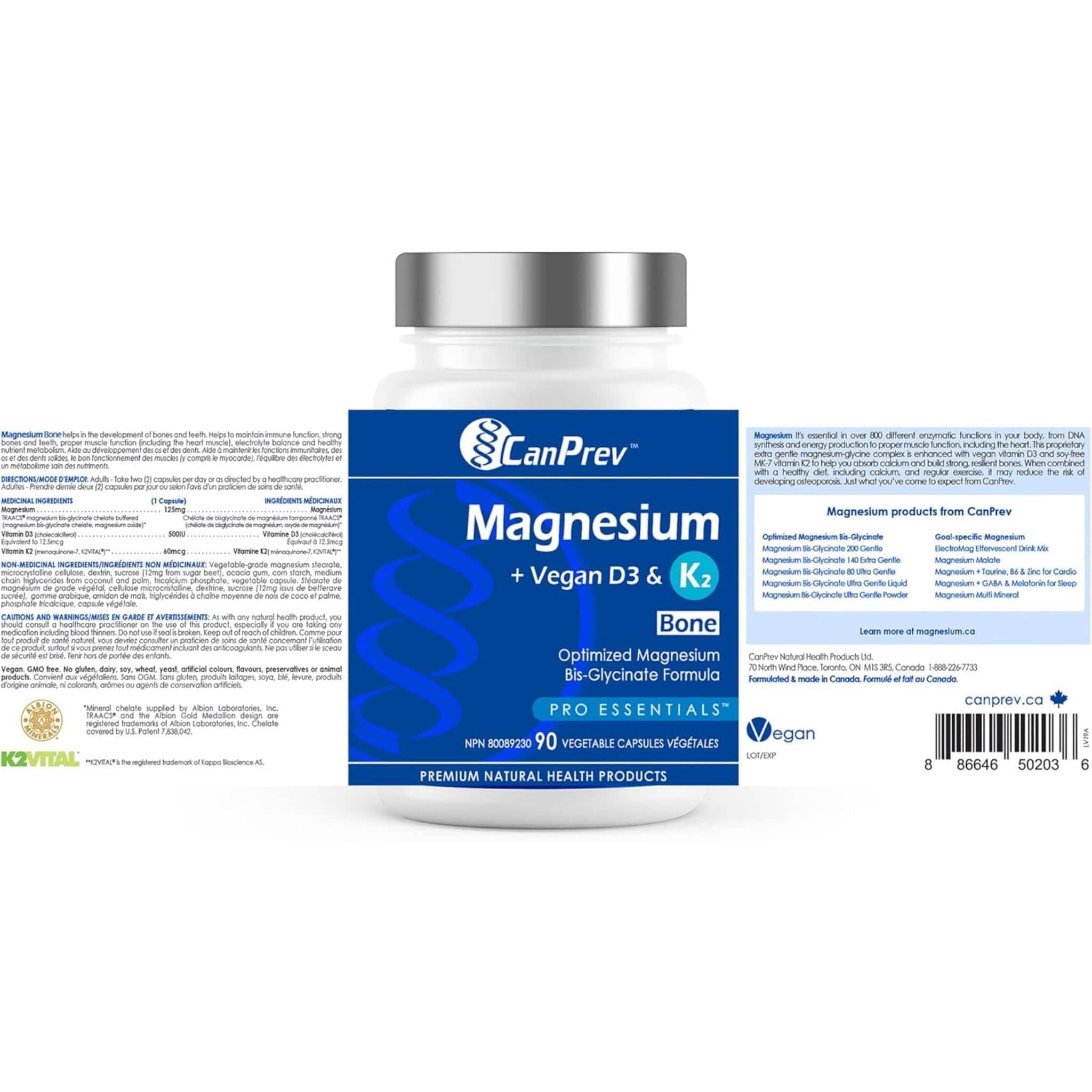 CanPrev Magnesium, Vegan D3 & K2 for Bones, 90 Vegetable Capsules - Image 2