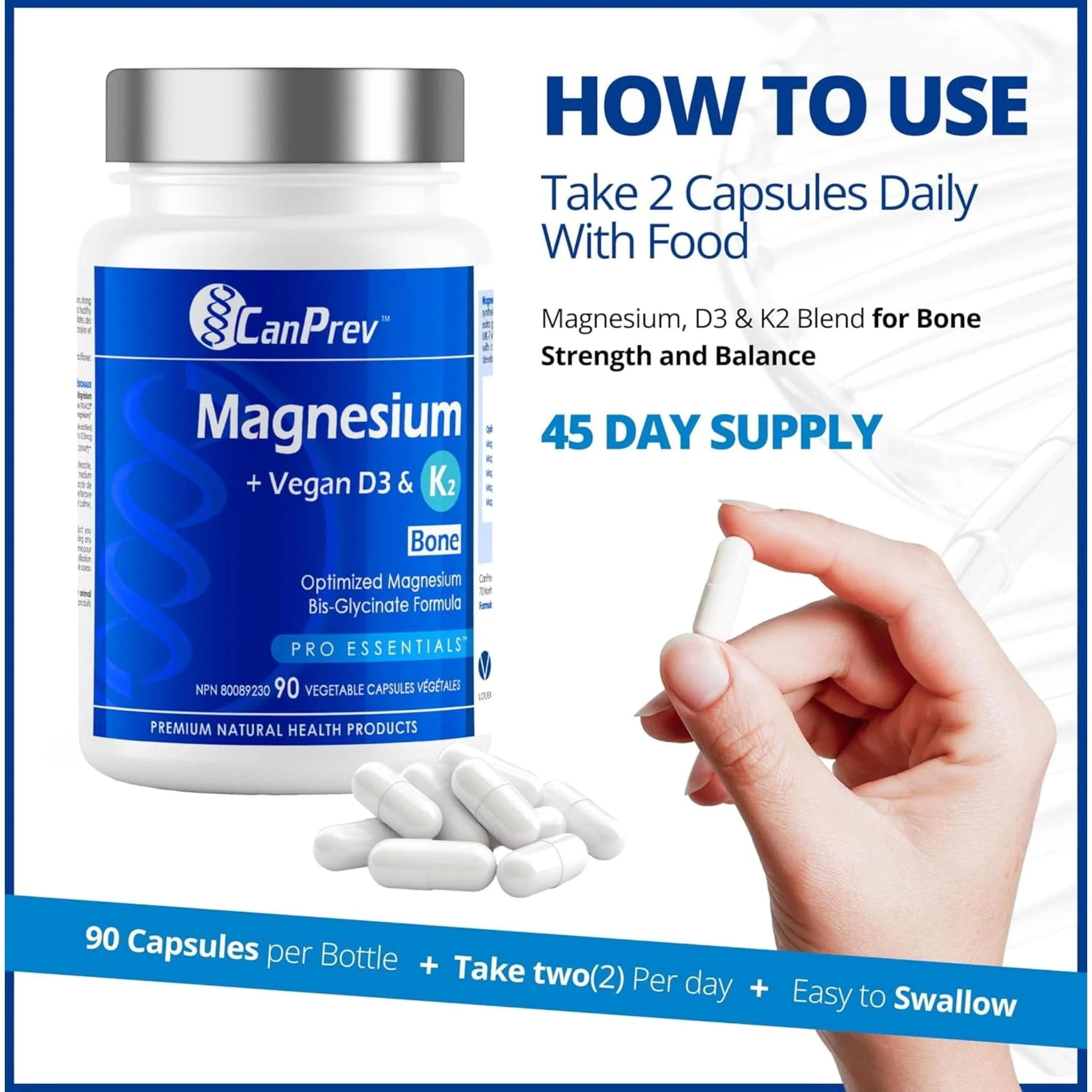 CanPrev Magnesium, Vegan D3 & K2 for Bones, 90 Vegetable Capsules - Image 6