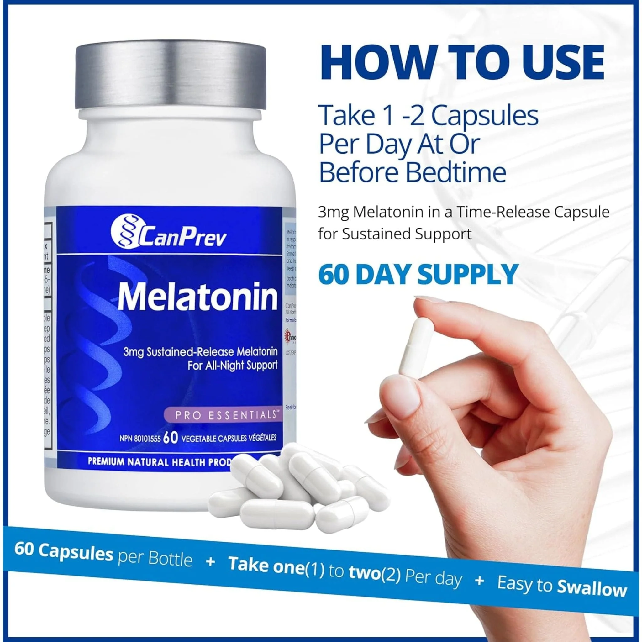 CanPrev Melatonin 3mg Sustained Release, 60 Vegetable Capsules - Image 8