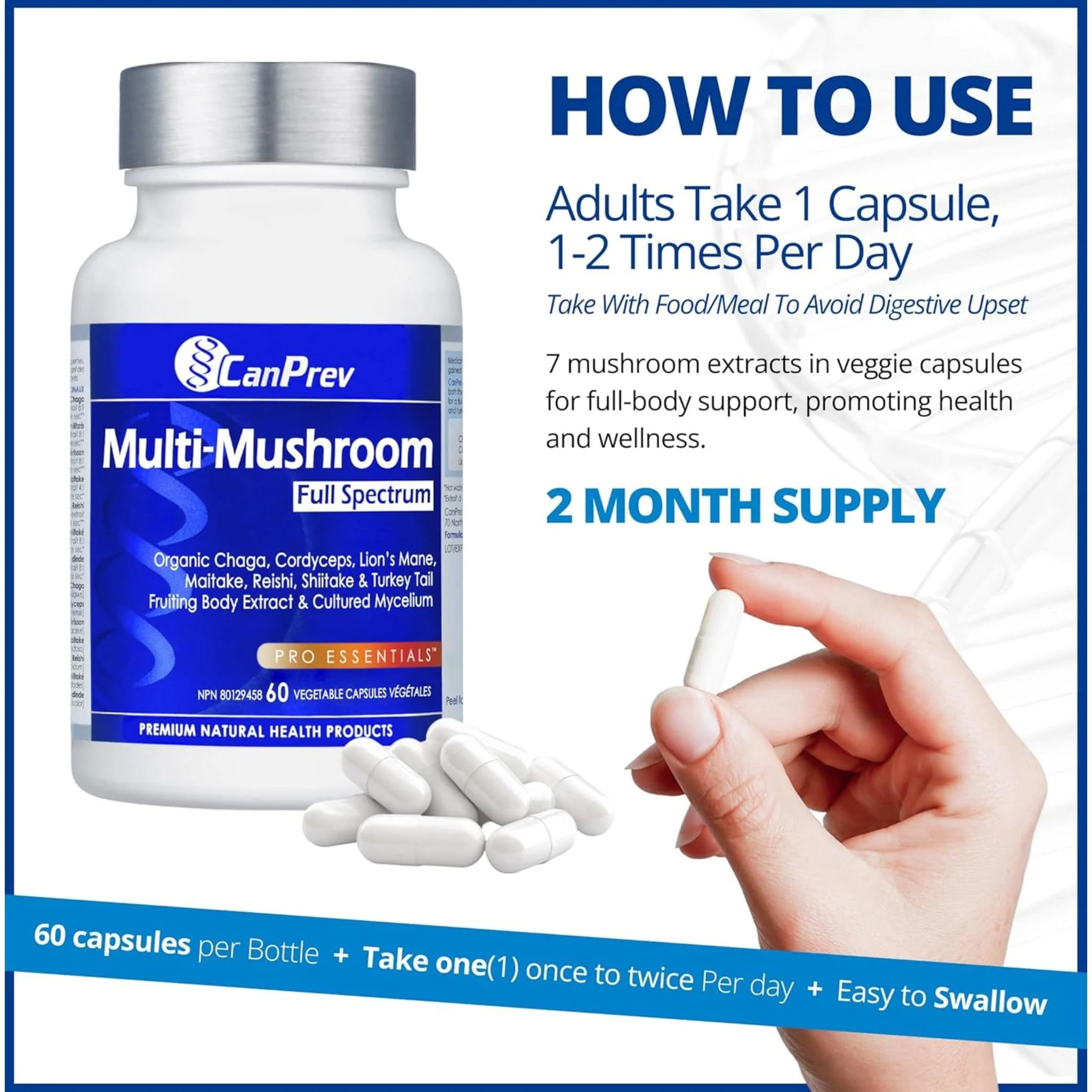 CanPrev Multi-Mushroom Full Spectrum, 7 Organic Medicinal Mushrooms for Immune, Gut and Cognitive Health, 60 Vegetable Capsules - Image 7