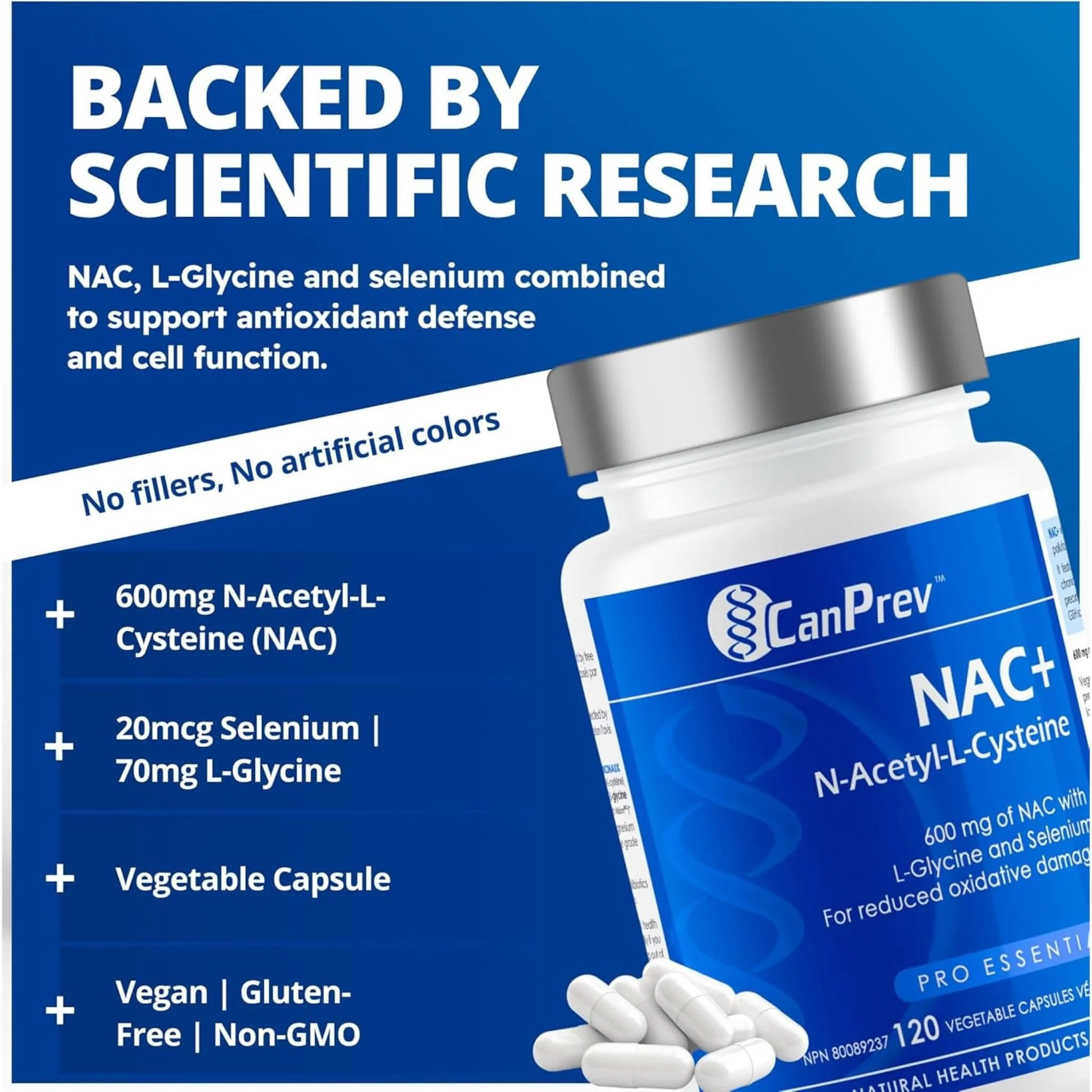 CanPrev NAC 600mg N-Acetyl-L-Cysteine with Glycine and Selenium, 120 Capsules - Image 3