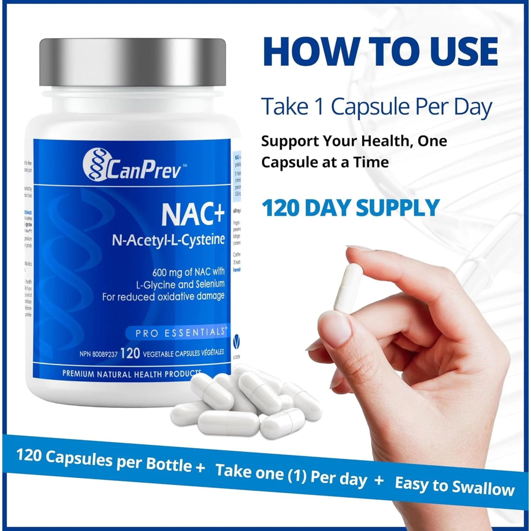 CanPrev NAC 600mg N-Acetyl-L-Cysteine with Glycine and Selenium, 120 Capsules - Image 5