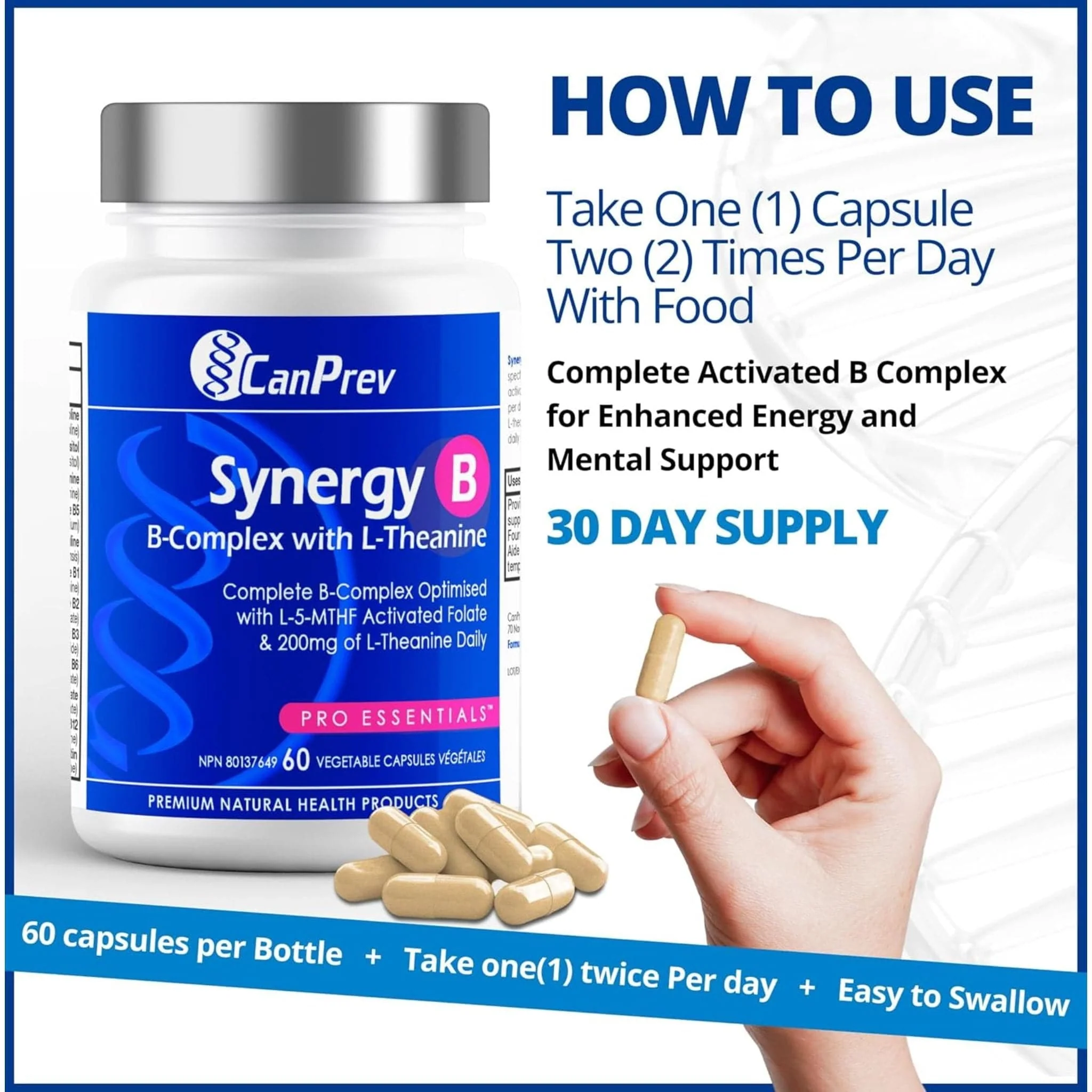 CanPrev Synergy B Complete B-Complex Formula with L-Theanine, 60 Vegetable Capsules - Image 5
