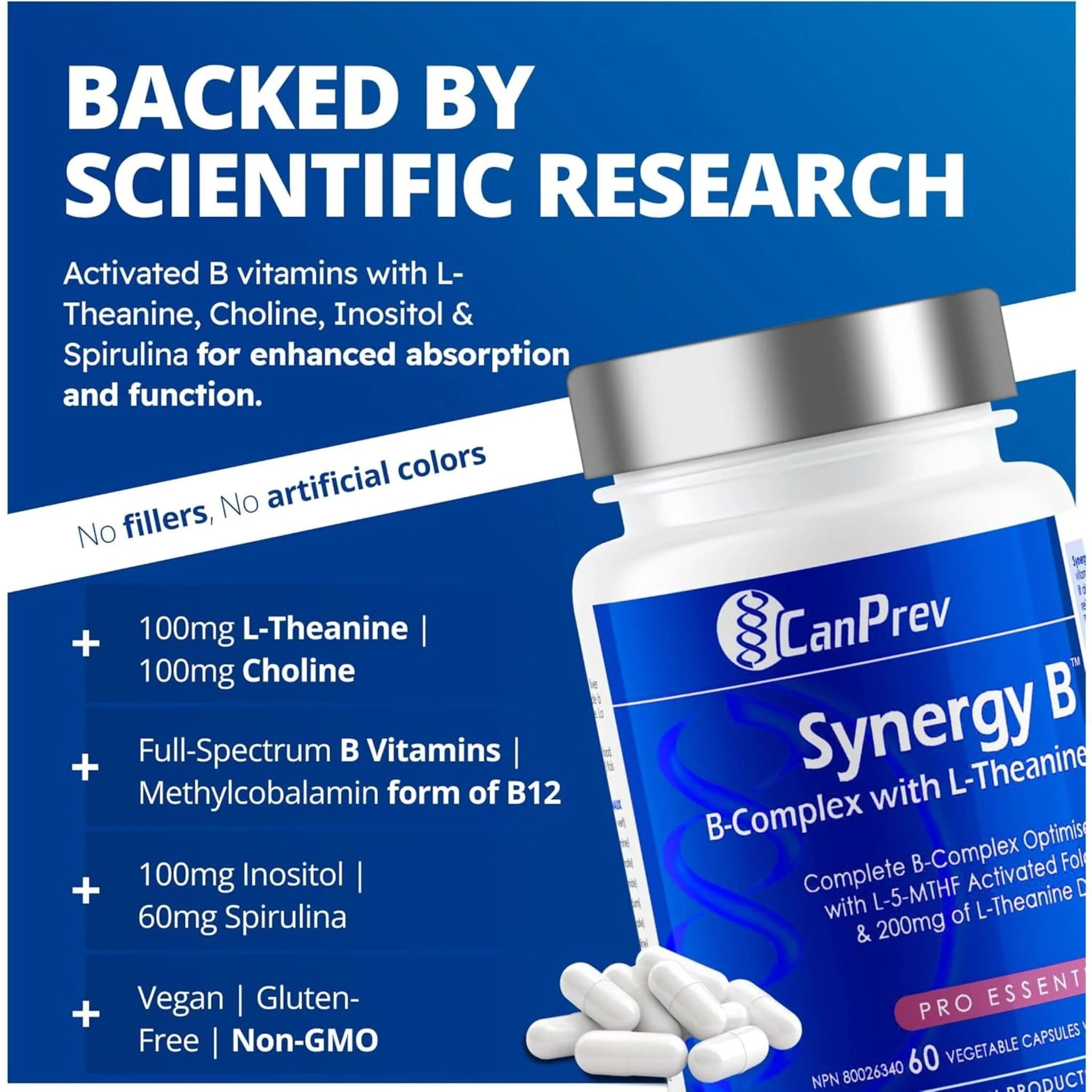 CanPrev Synergy B Complete B-Complex Formula with L-Theanine, 60 Vegetable Capsules - Image 6