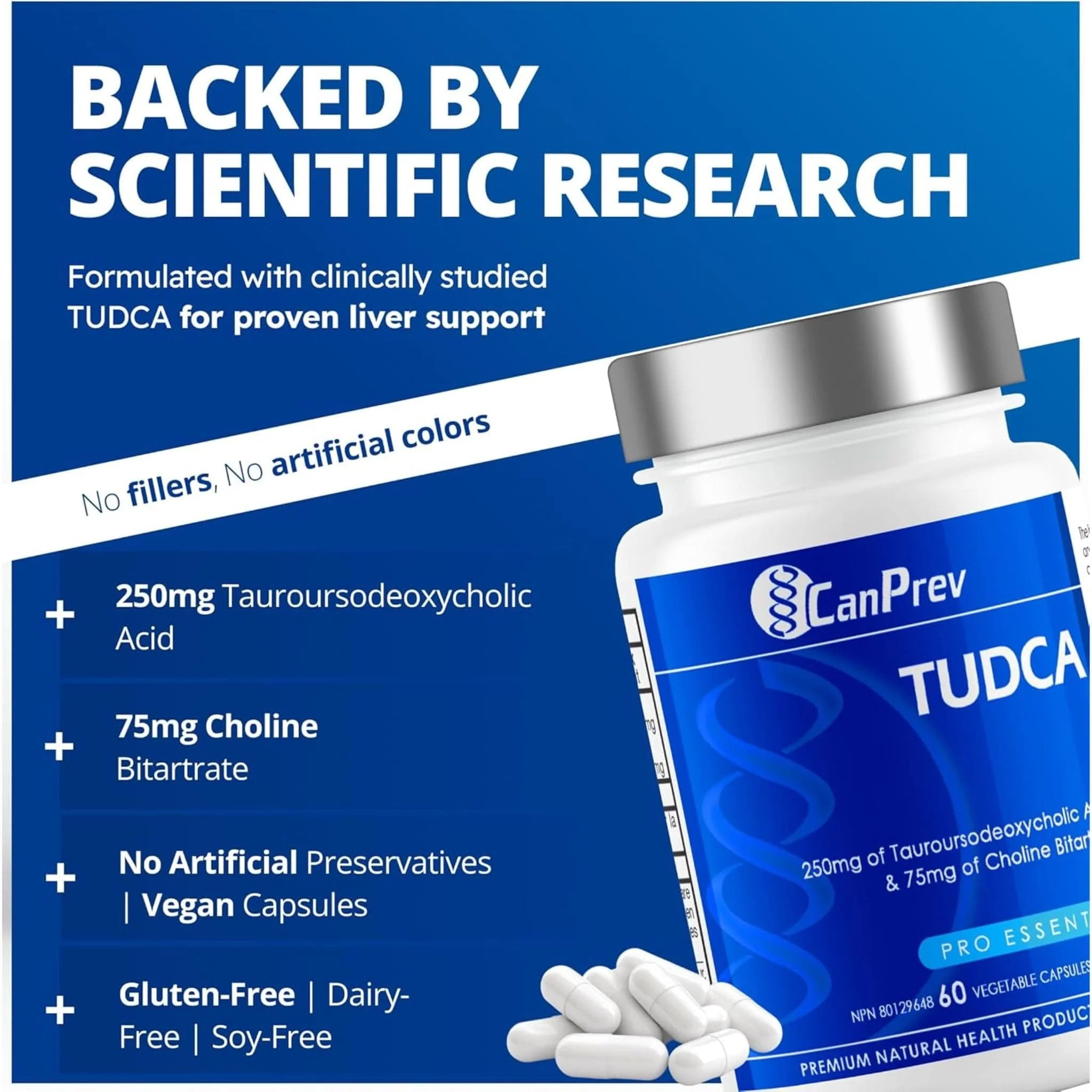 CanPrev TUDCA 250mg Tauroursodeoxycholic with Choline Bitartrate 75mg, Supports Healthy Liver Function, 60 Vegetable Capsules - Image 5