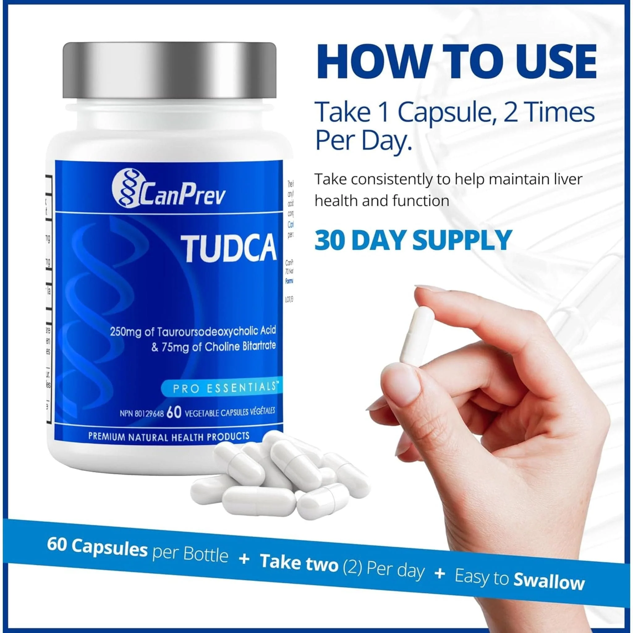 CanPrev TUDCA 250mg Tauroursodeoxycholic with Choline Bitartrate 75mg, Supports Healthy Liver Function, 60 Vegetable Capsules - Image 7
