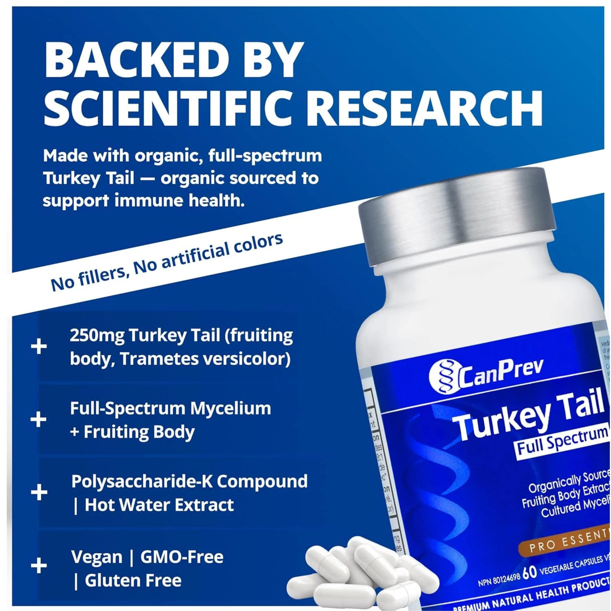 CanPrev Turkey Tail Full Spectrum, Immune and Gut Health Support, Organic Mushroom, 60 Vegetable Capsules - Image 5