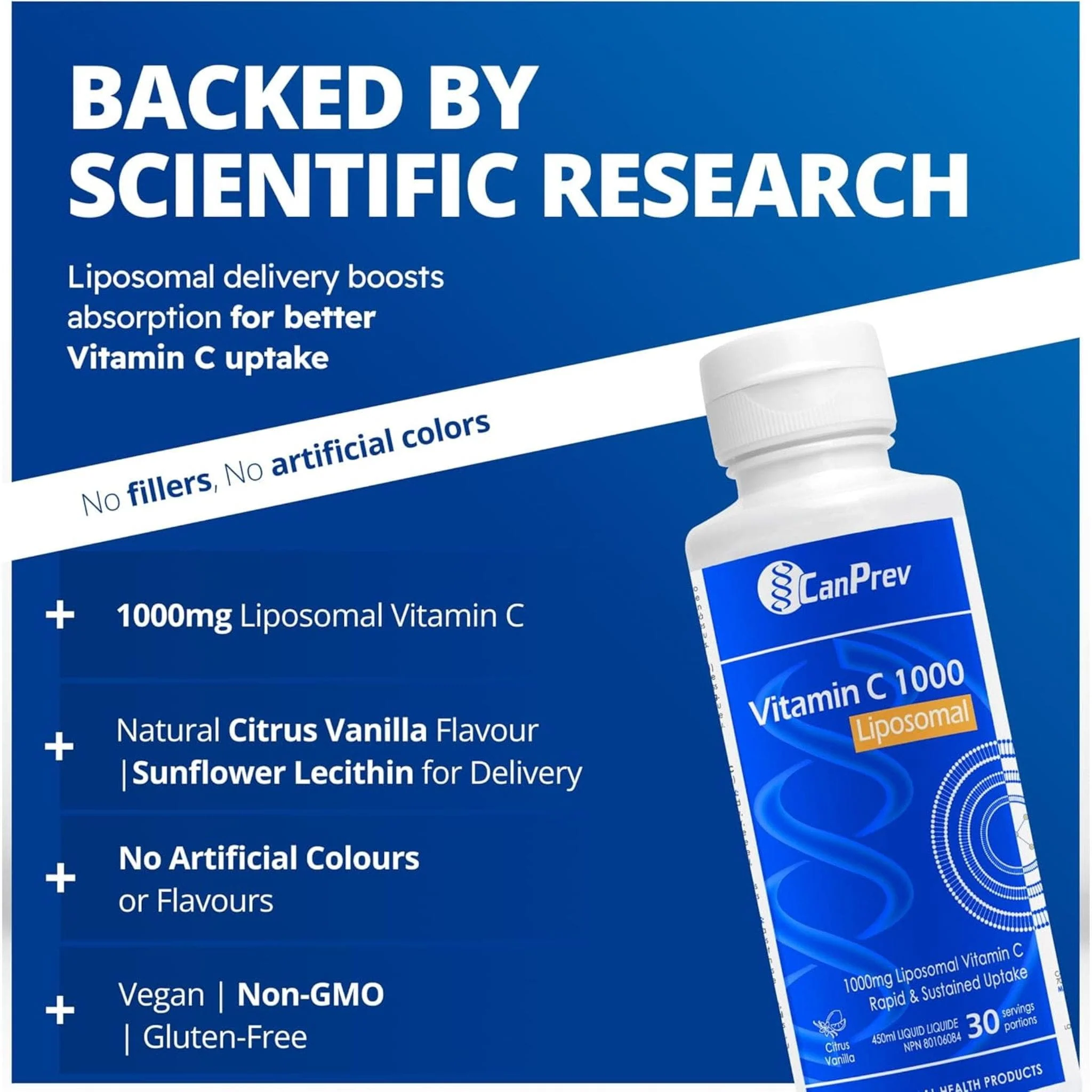 CanPrev Liposomal Vitamin C 1000mg, Rapid Absorption, Vanilla Citrus Flavour, 450ml - Image 5