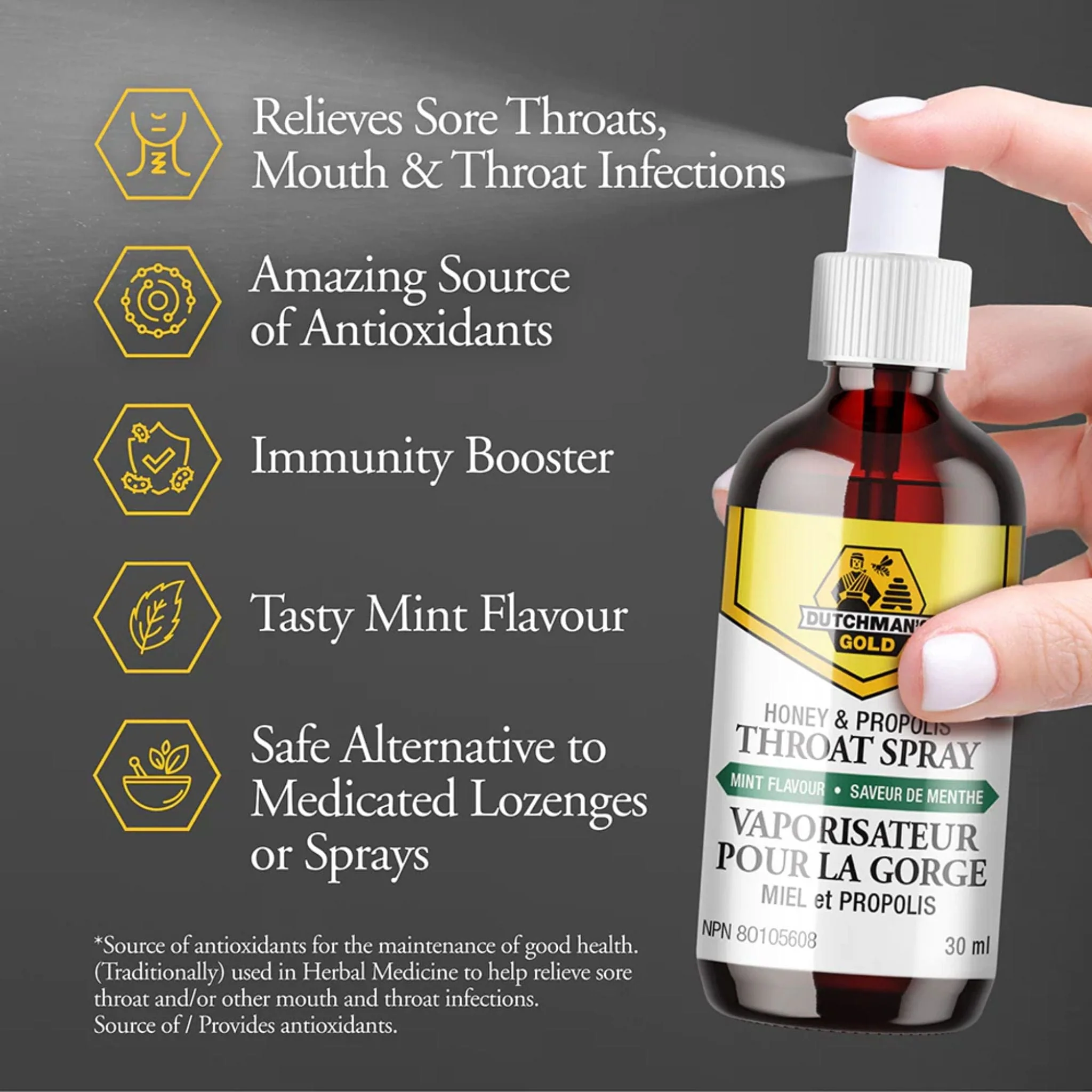 Dutchman's Gold Honey and Propolis Throat Spray, 30ml - Image 2