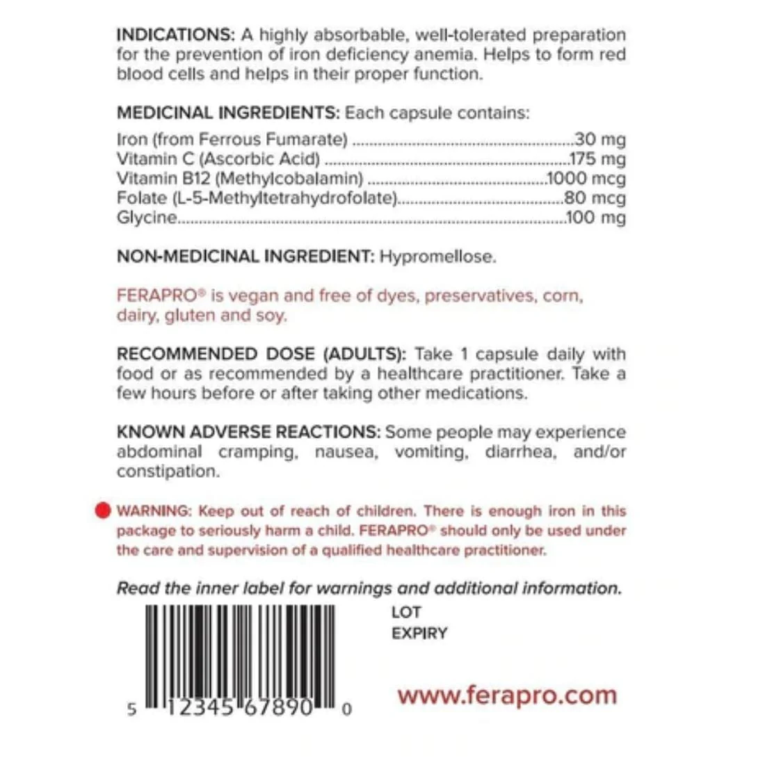 FeraPro 30 Vegan Iron Supplement 30mg, Gentle and Effective, Bobs Original Formula with Vitamin C, B12, Folate and Glycine, 100 Vegetable Capsules - Image 2