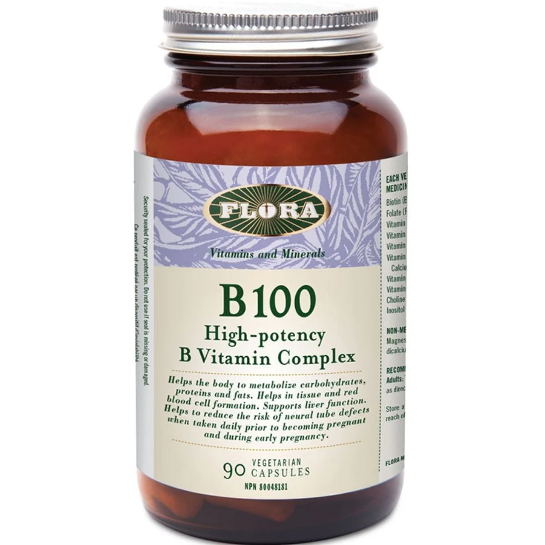 Flora B100 High Potency B Vitamin Complex, 90 Vegetarian Capsules