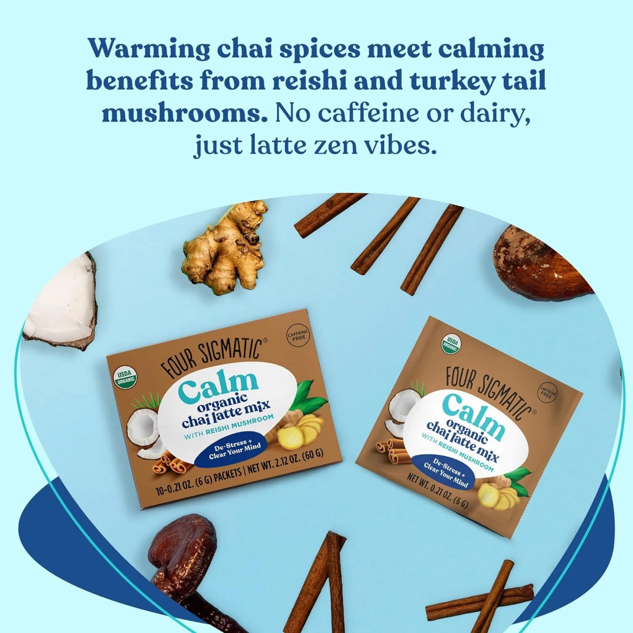 Four Sigmatic Calm Organic Chai Latte Mix with Reishi Mushroom, 10x6g Sachets - Image 4
