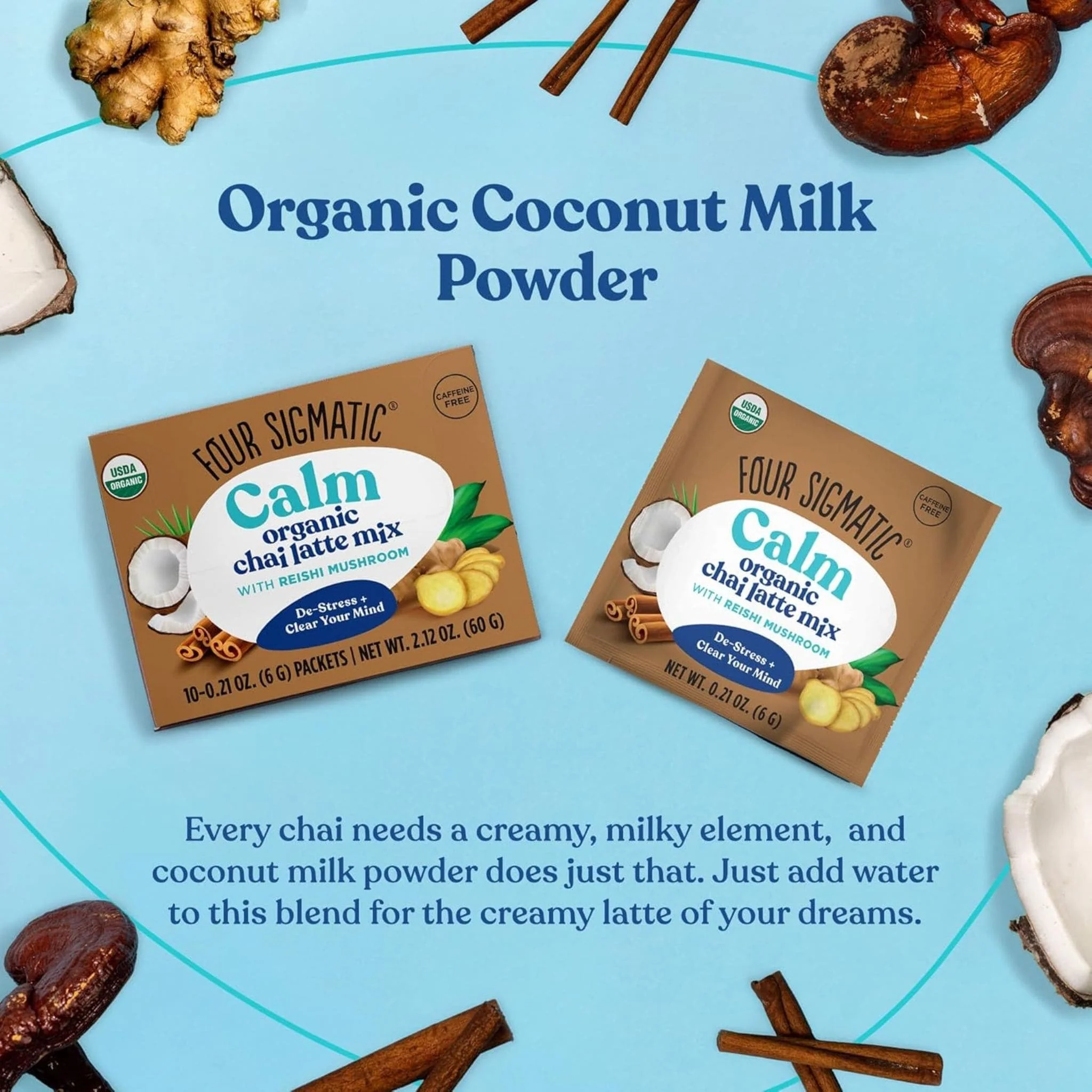 Four Sigmatic Calm Organic Chai Latte Mix with Reishi Mushroom, 10x6g Sachets - Image 6