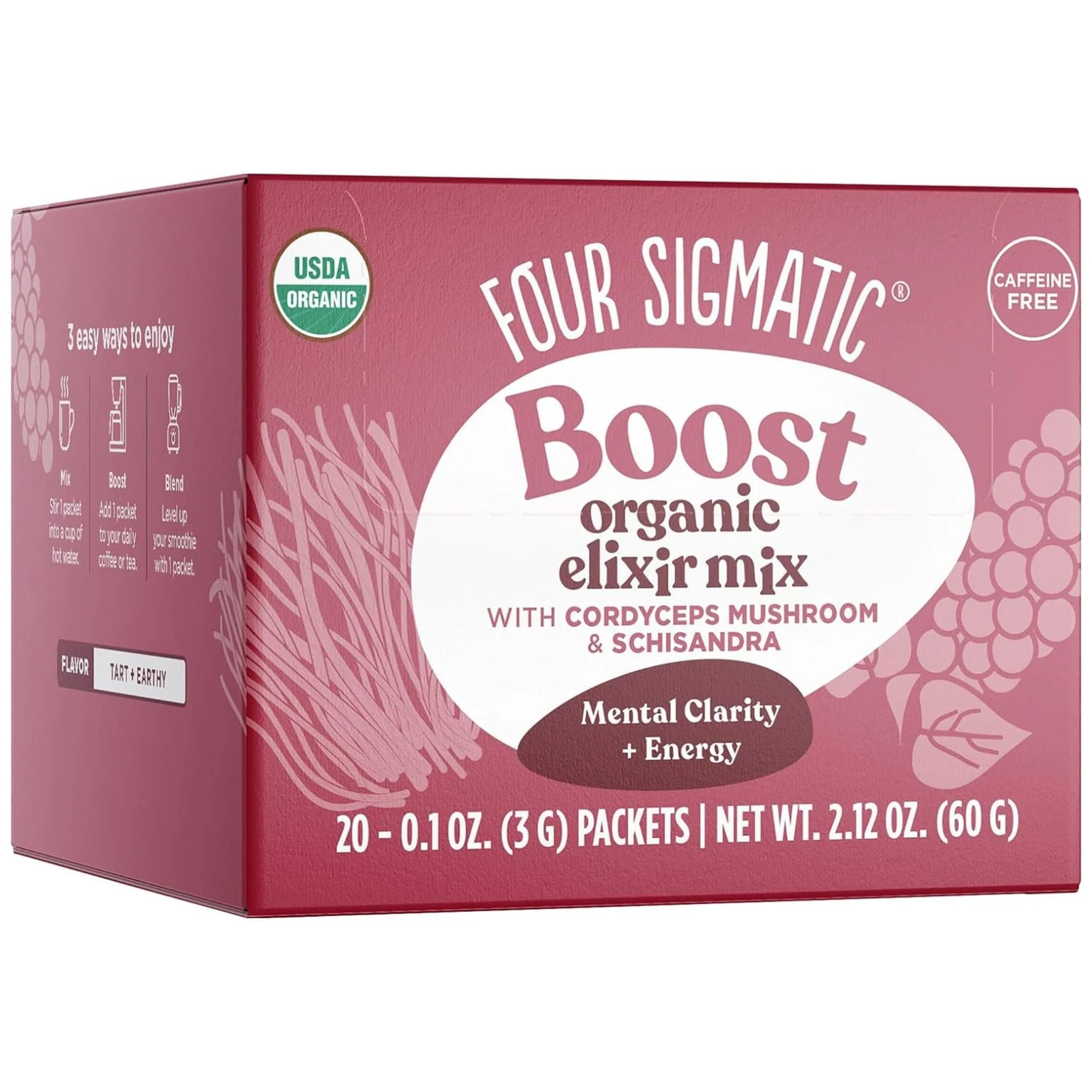 Four Sigmatic Boost Organic Elixir Mix with Cordyceps and Schisandra, Energy Boost & Recovery Support, 20x3g Sachets