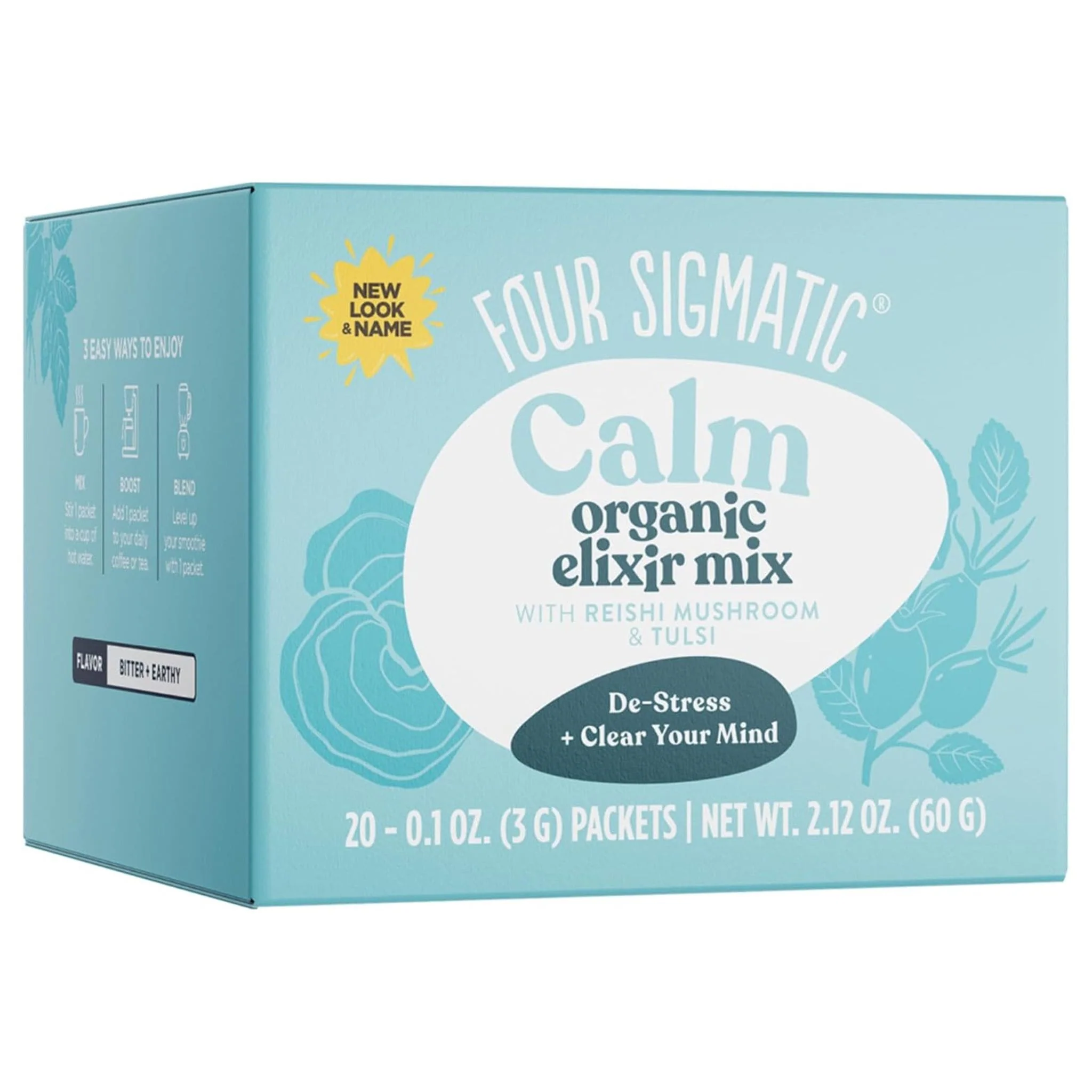 Four Sigmatic Calm Organic Elixir Mix with Reishi and Tulsi, Relax & Stress Support, Powder, 20x3g Sachets