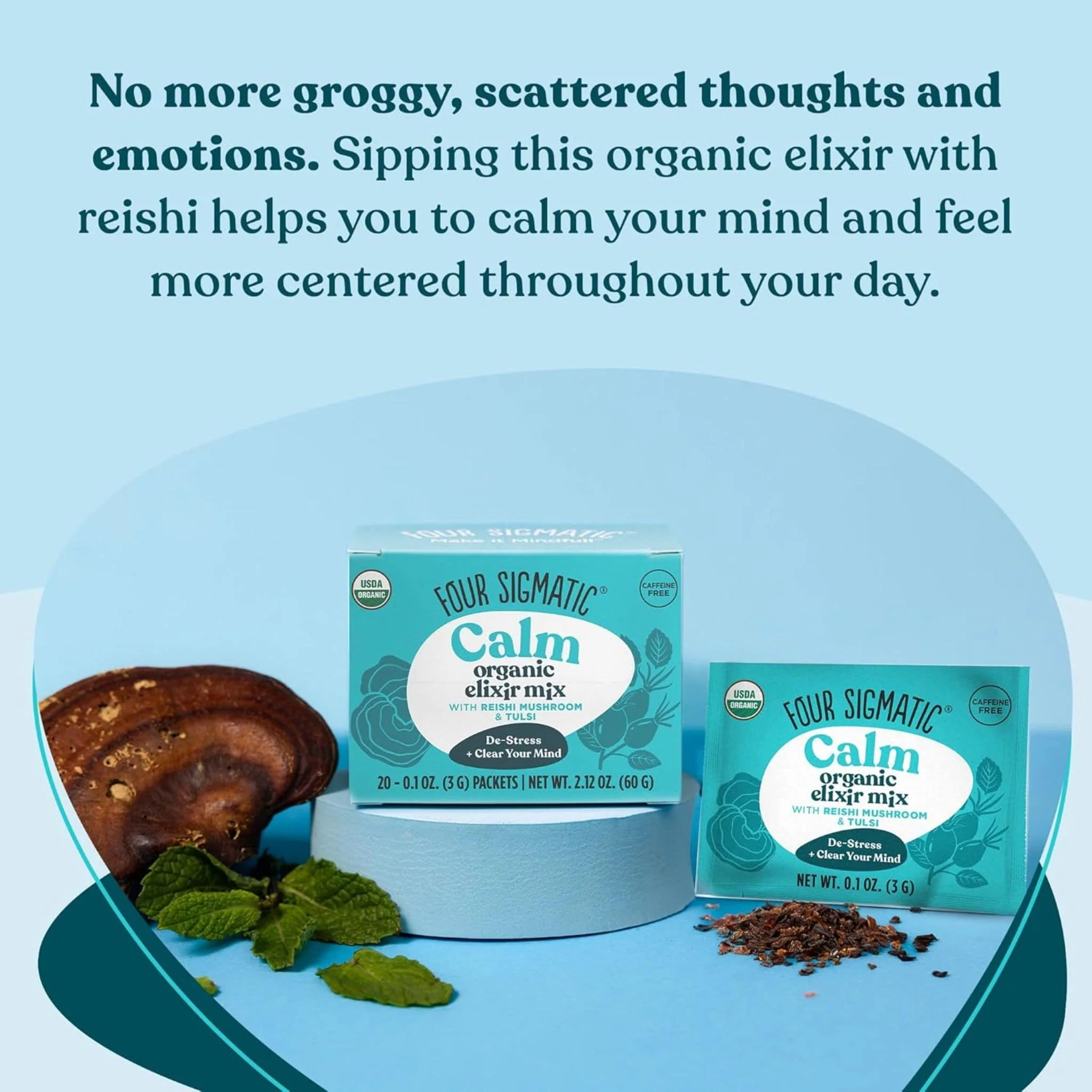 Four Sigmatic Calm Organic Elixir Mix with Reishi and Tulsi, Relax & Stress Support, Powder, 20x3g Sachets - Image 3